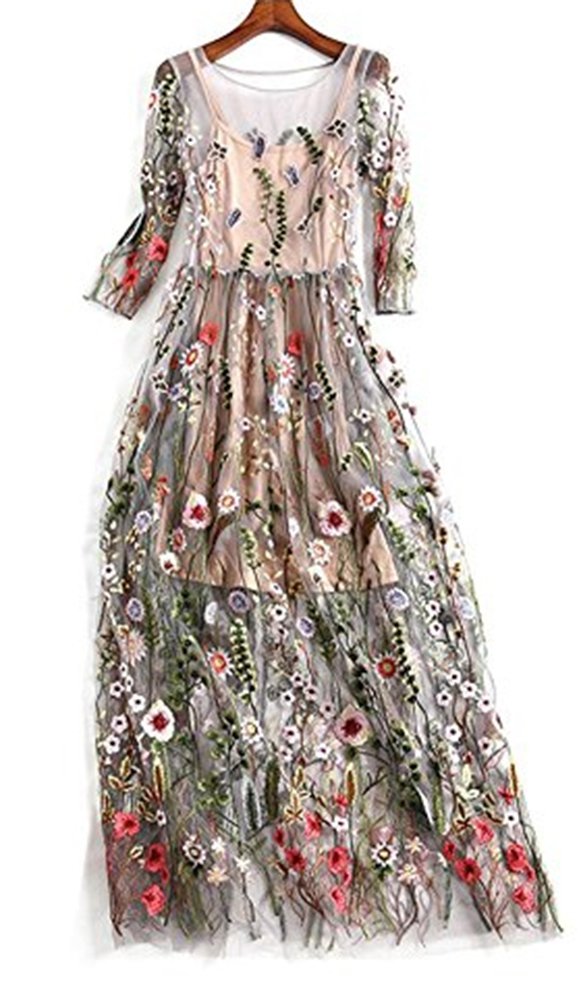 Honeydress Women's Embroidered Long Sleeve Maxi Dress - Style 12B in Grey | Elegant Boho Floral Dress for Weddings, Parties & Special Occasions