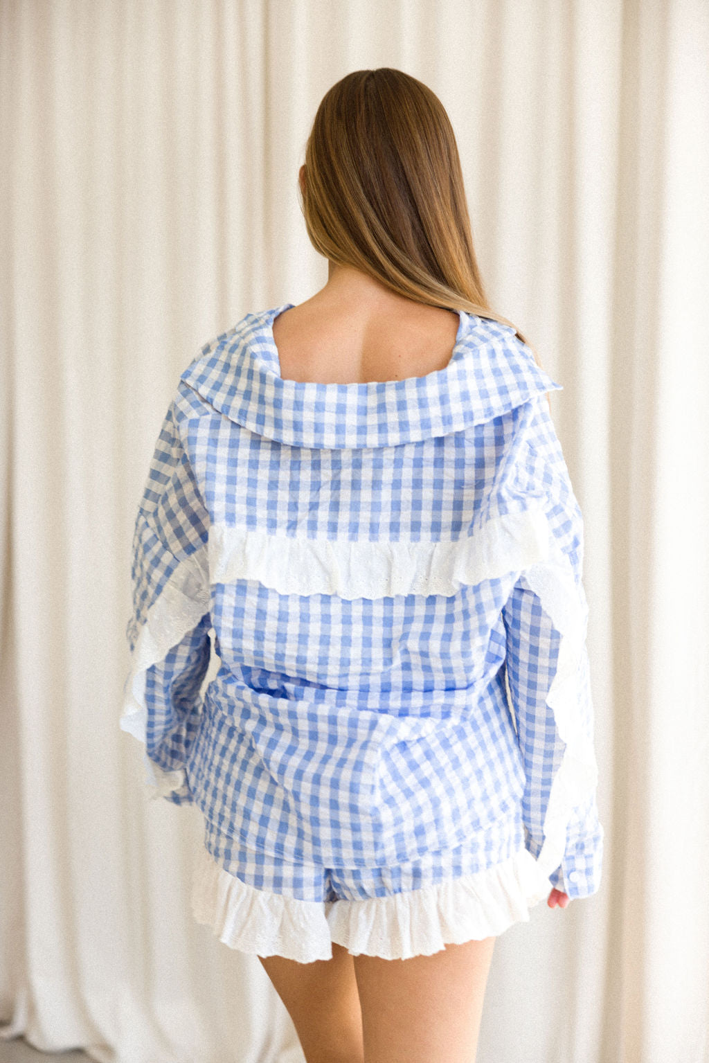 Delaney Ruffle & Gingham Button Down Shirt with Shorts Set - Light Blue Nursing Friendly Outfit for Moms | Comfortable Maternity & Breastfeeding Clothes for Daily Wear, Park Outings & Family Photos