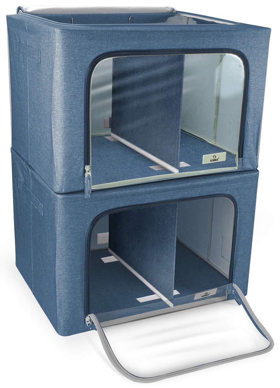 Sorbus Storage Bins with Divided Interior - Large Stackable & Foldable Organizer Containers with Metal Frame, Oxford Fabric, Clear Window & Carry Handles - Perfect for Bedroom, Closet, Linen & Clothing Storage - Ideal for Home, Office & Travel Organization