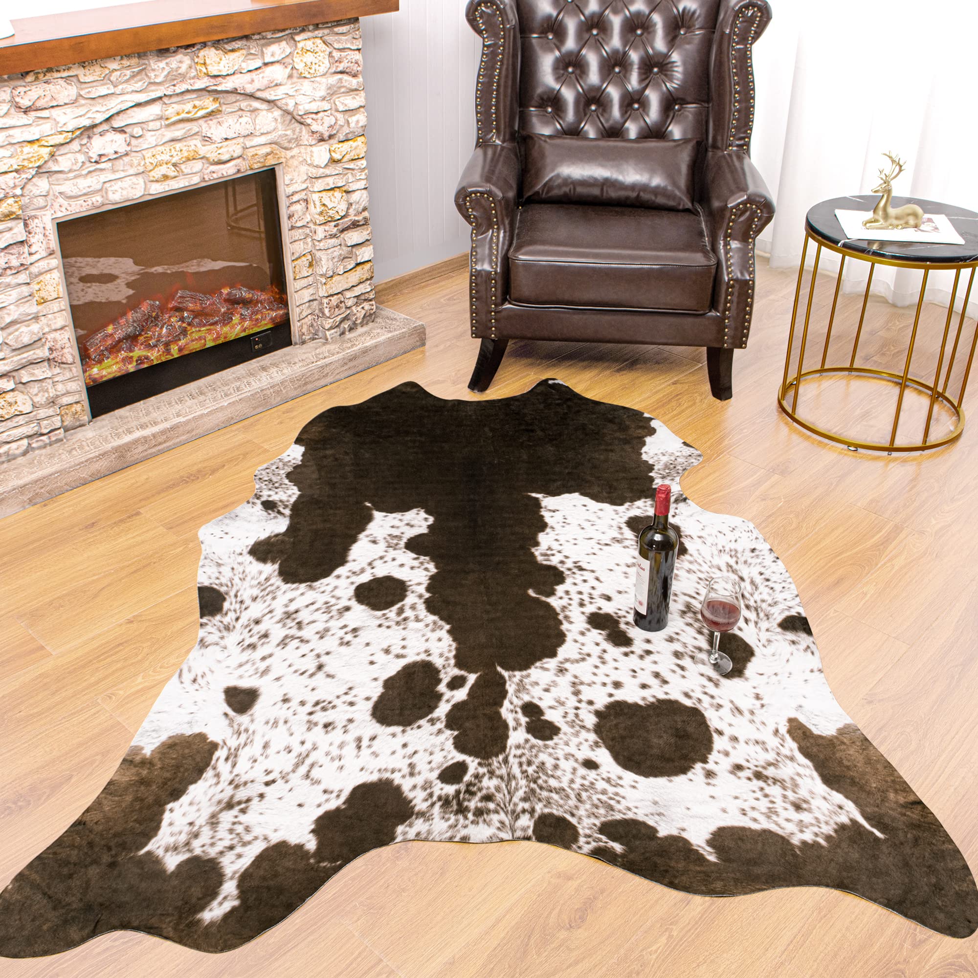 Stylish Rostyle Faux Cowhide Rug 5.2x4.6 Feet - Soft Cow Print Area Rug for Living Room, Bedroom & Western Decor - White & Brown Faux Fur Rug - Perfect for Farmhouse, Boho & Modern Home Decor