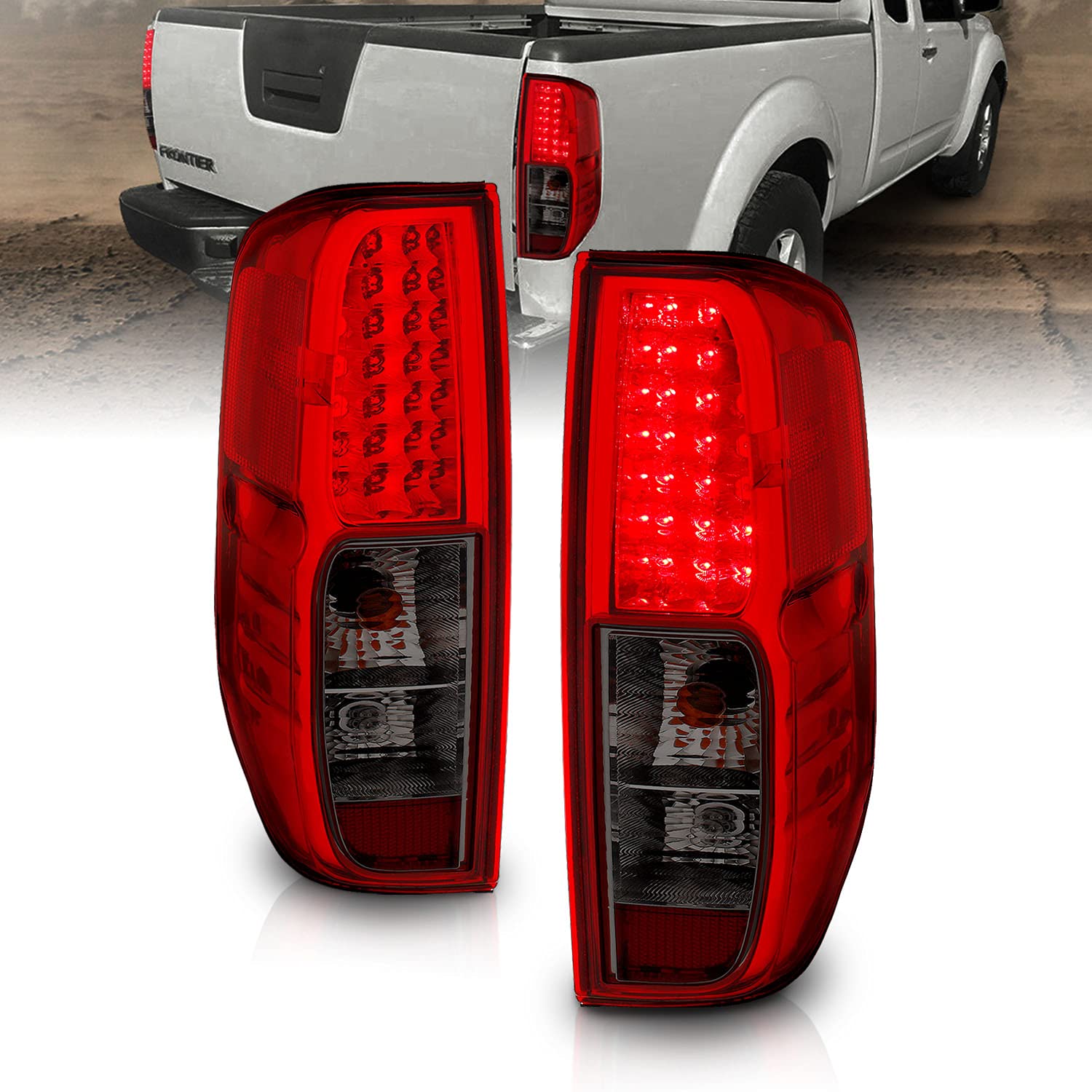 2005-2021 Nissan Frontier & 2009-2012 Suzuki Equator LED Brake Tail Lights Assembly Set - Smoke Red Lens (Pair) - Left & Right Side Replacement - Perfect for Night Driving & Enhanced Safety