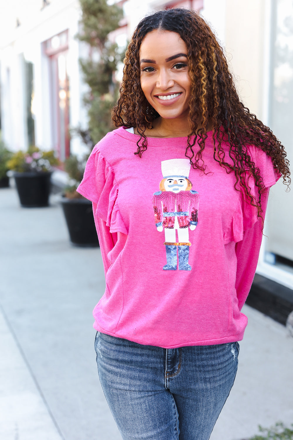 Festive Hot Pink Sequin Nutcracker Christmas Sweater with Ruffle Hacci Knit - Perfect for Holiday Parties, Ugly Sweater Contests & Winter Gatherings