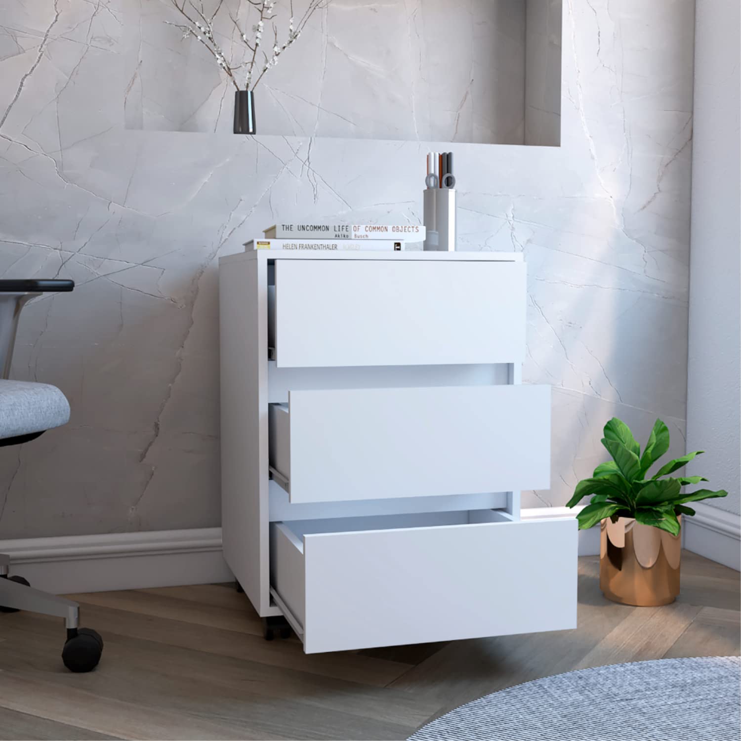 Ibero 3-Drawer Filing Cabinet with 4 Caster Wheels - White Office Storage Solution for Documents, Files & Supplies - Perfect for Home Office, Workspace or Business Use
