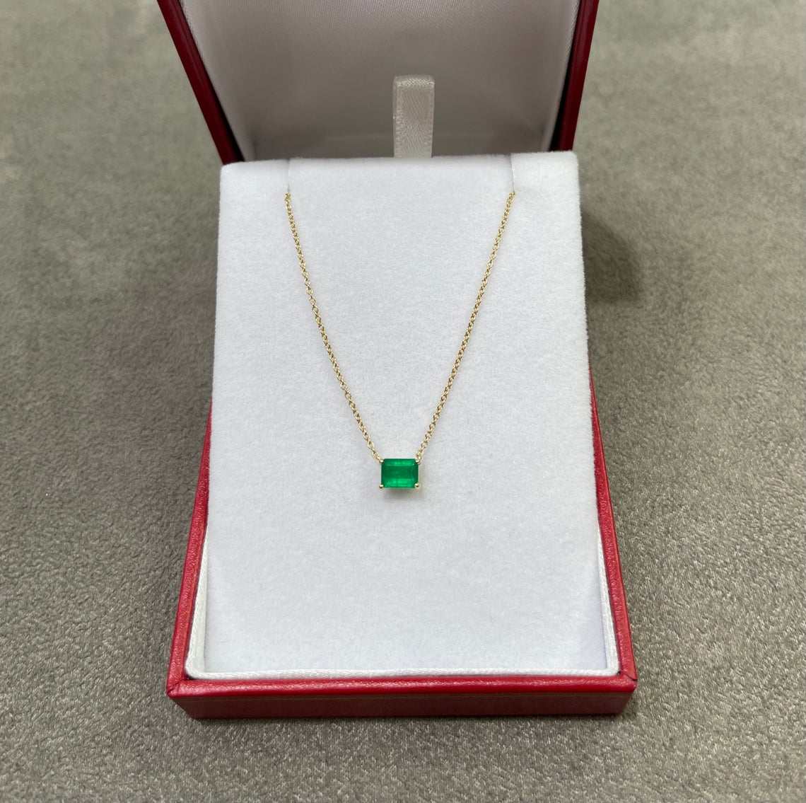 1.10ct Medium Rare Dark Green Emerald Cut East to West 4 Prong Necklace 14K Gold - Elegant Emerald Jewelry for Women, Perfect for Weddings, Anniversaries & Special Occasions