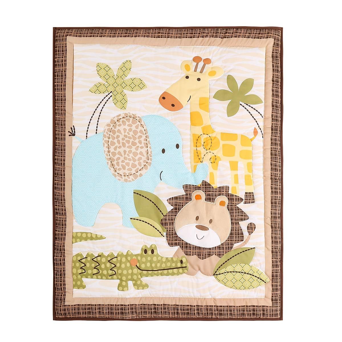 4-Piece Baby Animal Safari Crib Bedding Set - Elephant, Lion, Giraffe & Crocodile Print - Includes 1 Quilt, 1 Fitted Sheet, 1 Crib Skirt & 1 Diaper Storage Bag - Perfect for Nursery Decor, Baby Shower Gifts & Jungle-Themed Bedrooms