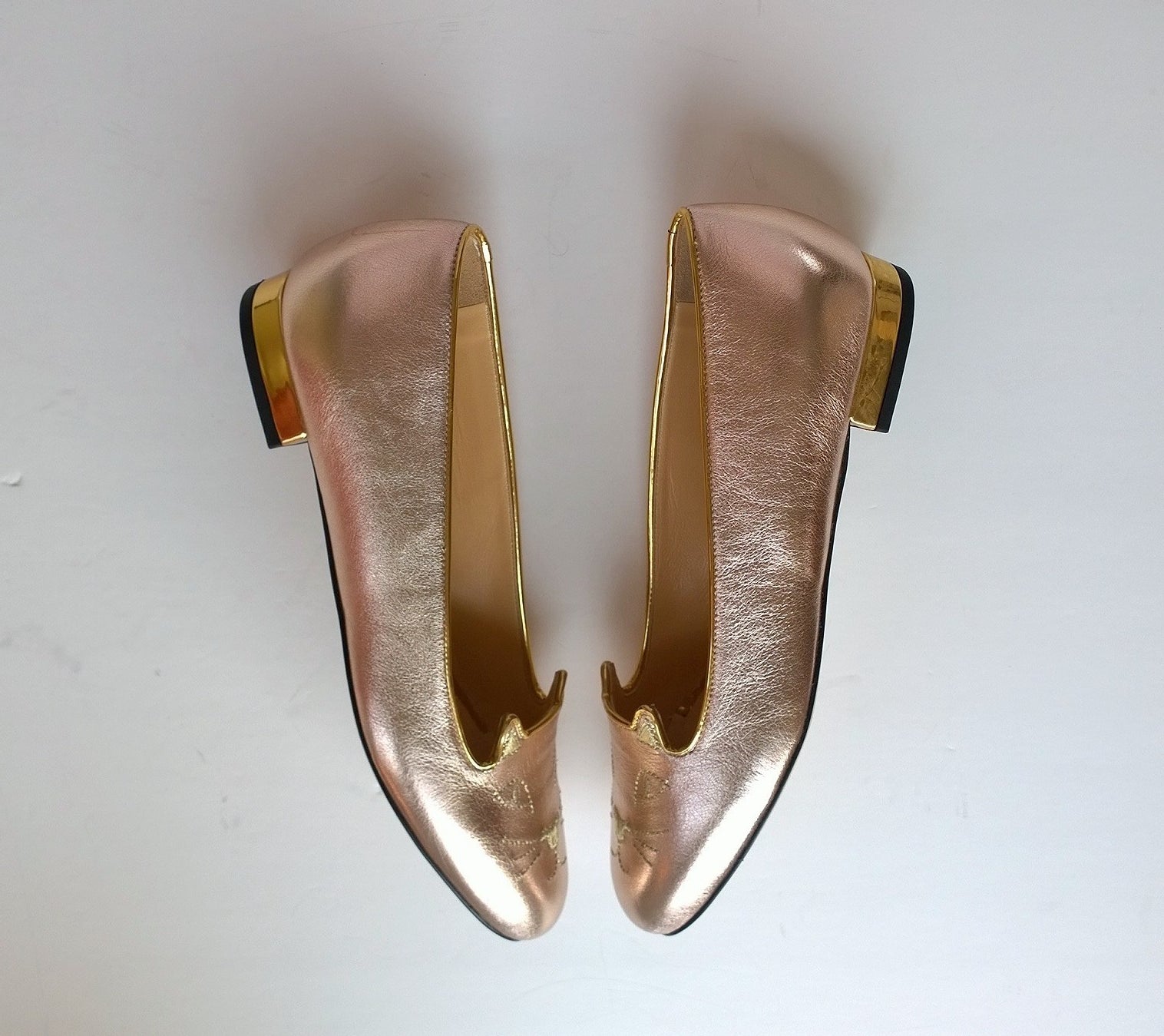 Charlotte Olympia Rose Gold Leather Kitty Flats - New in Box | Perfect for Women's Casual Outfits & Special Occasions