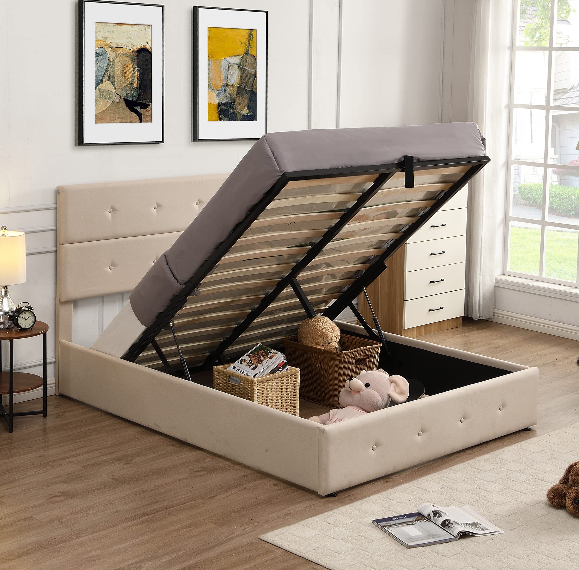 Full Size Upholstered Platform Bed Frame with Hydraulic Storage System & Headboard - Lift-Up Underbed Storage, Button-Tufted Beige Design | Perfect for Small Bedrooms, Guest Rooms & Space-Saving Solutions