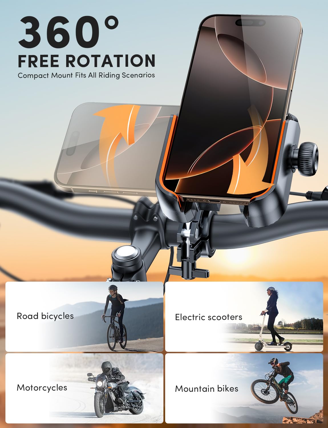 Bike Phone Mount for Handlebar - Rotatable Motorcycle & E-Bike Smartphone Holder - Camera Friendly Phone Clip Compatible with iPhone, Samsung Galaxy - Perfect for Cycling, Commuting & Outdoor Adventures