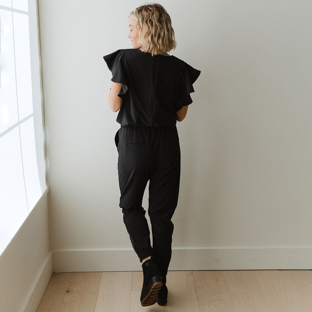 Black Flutter Sleeve Jumpsuit for Women - Elegant Wide Leg Romper with V-Neck | Perfect for Summer Parties, Date Nights & Beach Vacations