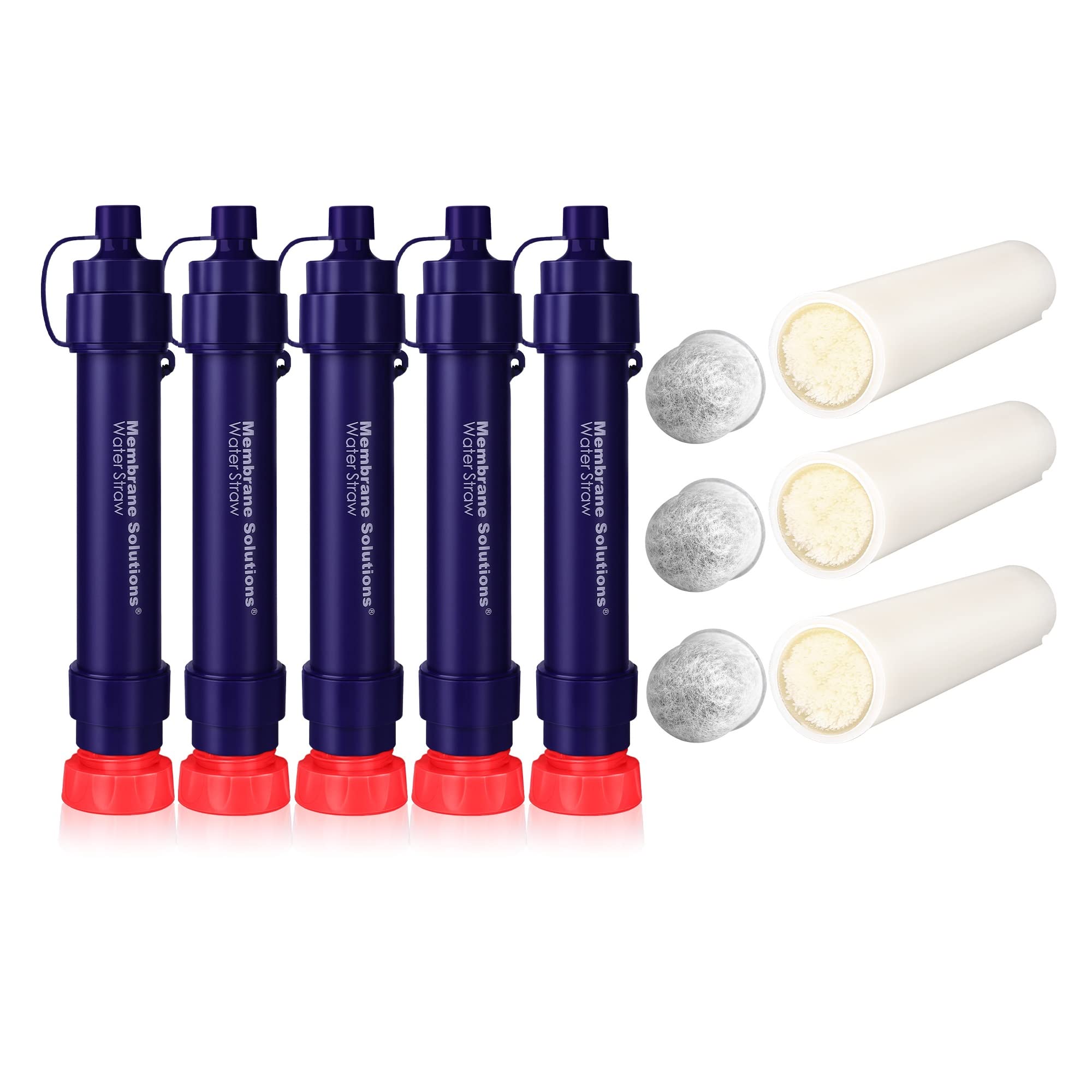WS02 4-Stage 0.1-Micron Portable Water Filter Straw - 5,000L Capacity Detachable Survival Water Purifier for Camping, Hiking, Travel & Emergency (5 Pack + 3 Filters) - Perfect for Outdoor Adventures, Disaster Preparedness & Backpacking Trips