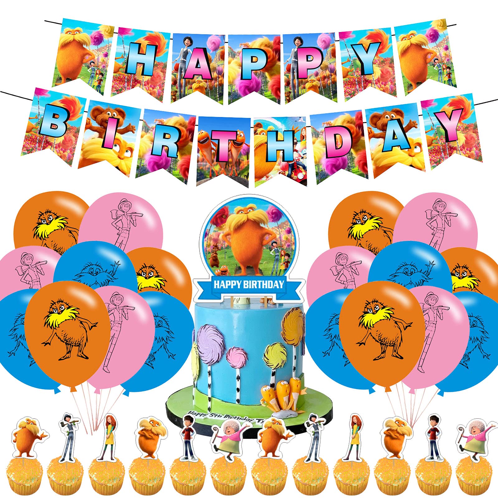 The Lorax Birthday Party Decorations Set - Happy Birthday Banner, Cake Toppers & Balloons for Dr. Seuss Movie Themed Parties - Perfect for Kids' Birthday Celebrations & Themed Events