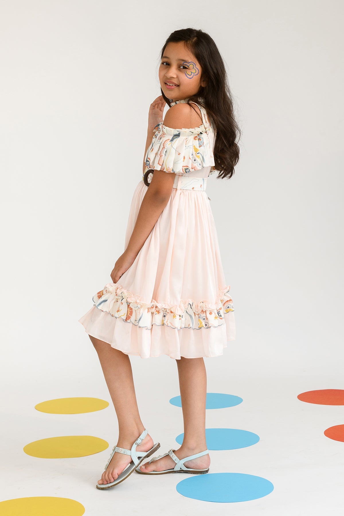 Elegant Round Neck Pleated Sleeves Dress for Girls - Perfect for Birthday Parties, School Events & Family Gatherings
