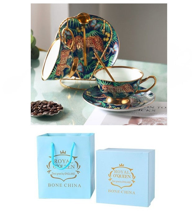 Stylish Leopard Print Ceramic Coffee & Tea Cup Set with Saucers - Elegant Bone China Porcelain Gift Box for Birthday, British Tea Party, Home Decor & Afternoon Tea