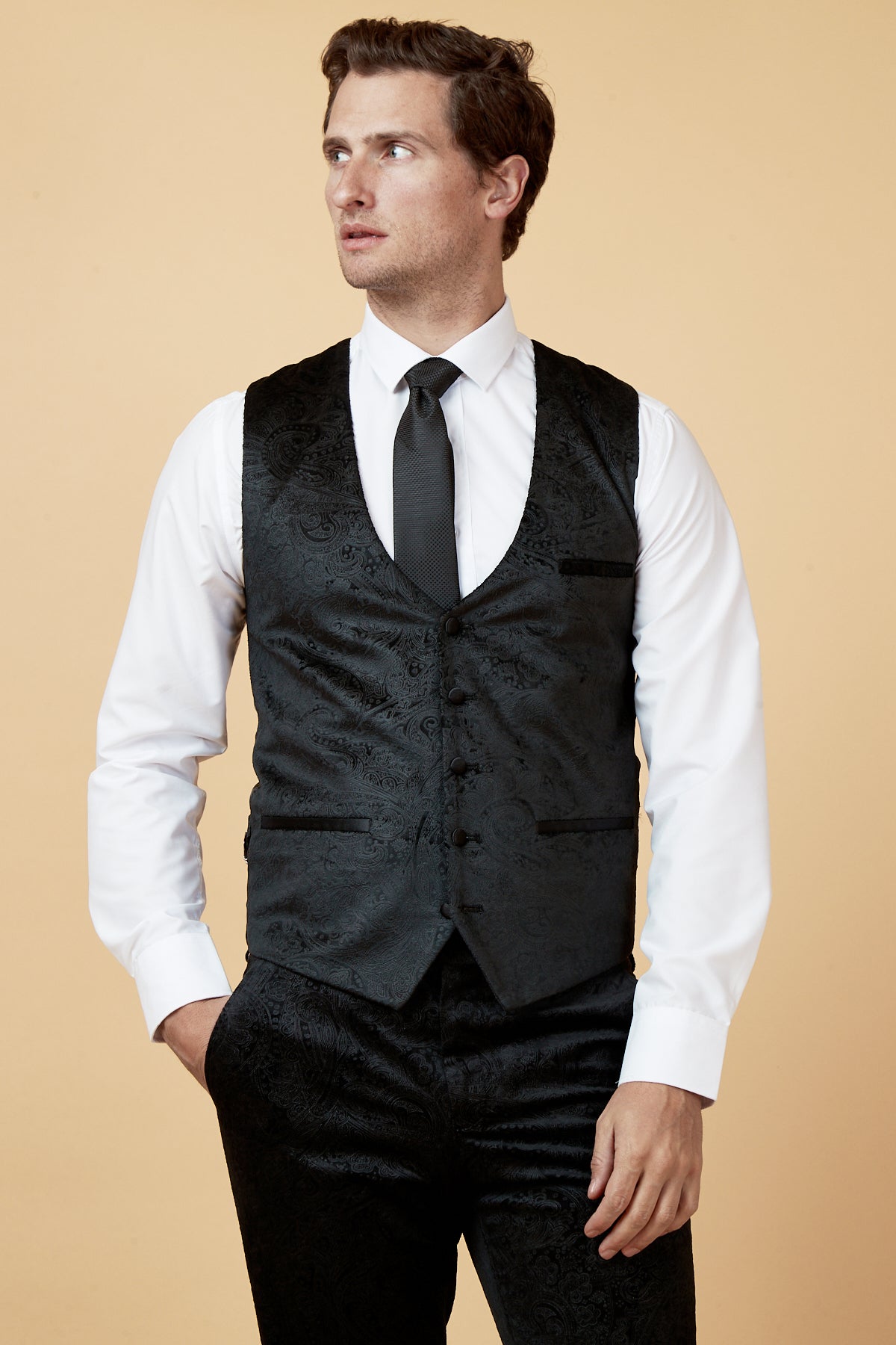 SIMON Black Velvet Jacquard Waistcoat for Men - Elegant Formal Vest for Weddings, Parties & Special Occasions