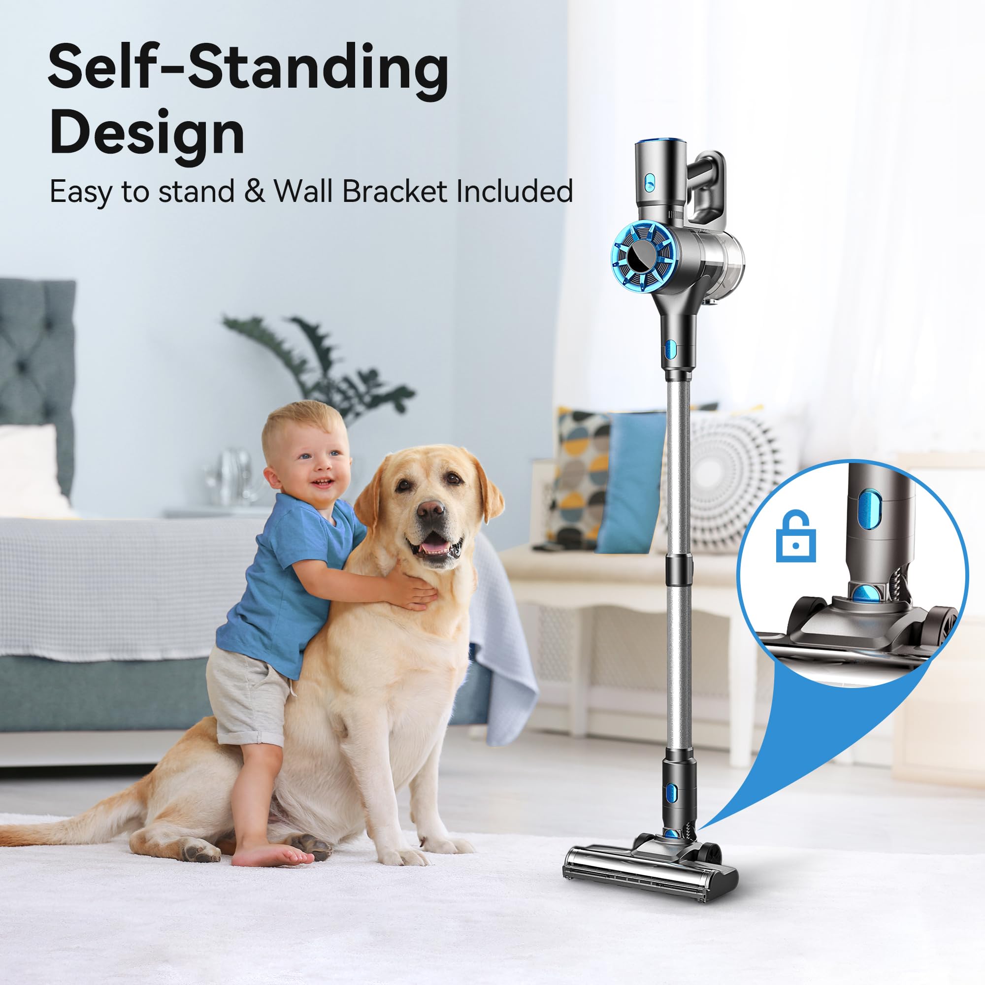 Vazone Cordless Stick Vacuum Cleaner - Lightweight, Self-Standing with Rechargeable Battery & LED Display - Ideal for Hardwood Floors & Pet Hair - Perfect for Home, Apartment, and Office Cleaning (Blue)