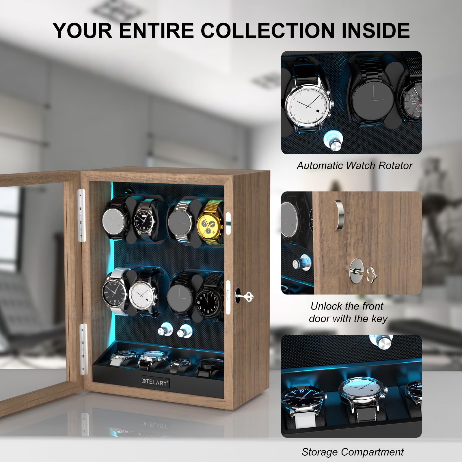 XTELARY Lockable Automatic Watch Winder - 4/6/8/12 Watch Storage Box with 4 Rotation Modes, Ultra Quiet Motor & LED Backlight | Perfect for Watch Collectors, Luxury Timepiece Display & Safe Storage