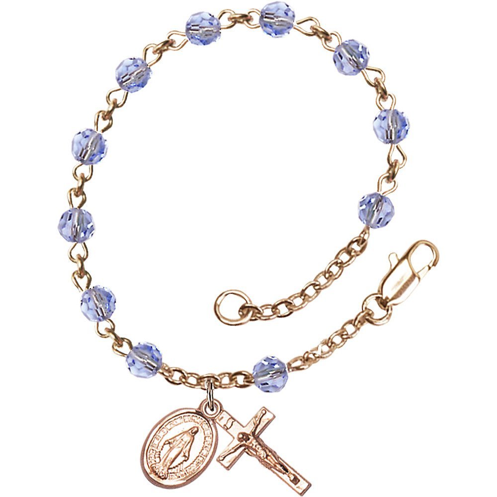 14Kt Yellow Gold Filled Rosary Bracelet with 5mm Light September Blue Beads & Crucifix - 5/8