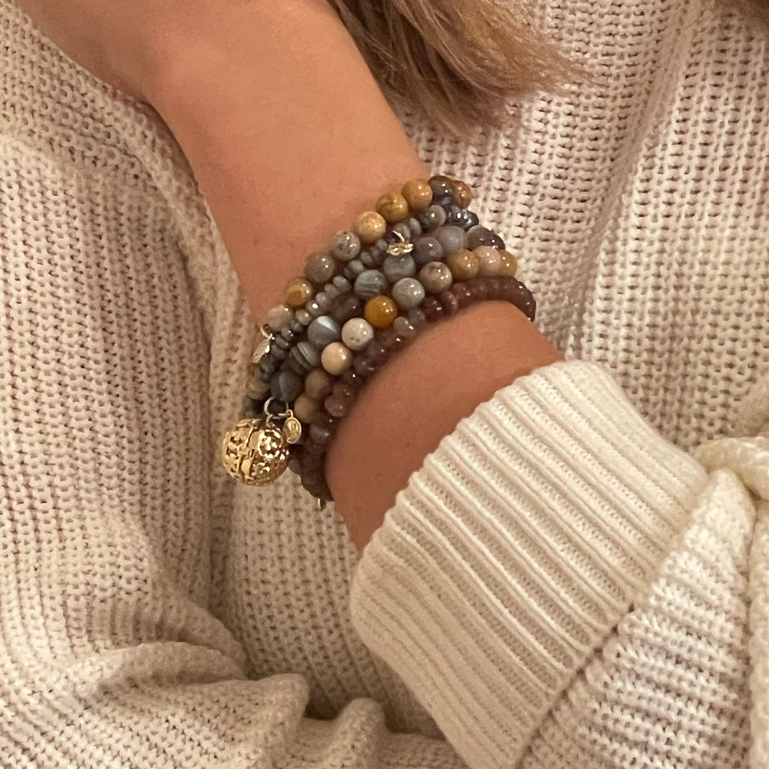 Lisa Hoffman Boho Beaded Bracelet Set for Women - 5 Stretch Bracelets with Floral Charm & Genuine Faceted Gemstones, Handmade Fragrance Jewelry with 3 Scents | Boho Chic Accessories for Everyday Wear, Gift for Her, Festival & Special Occasions