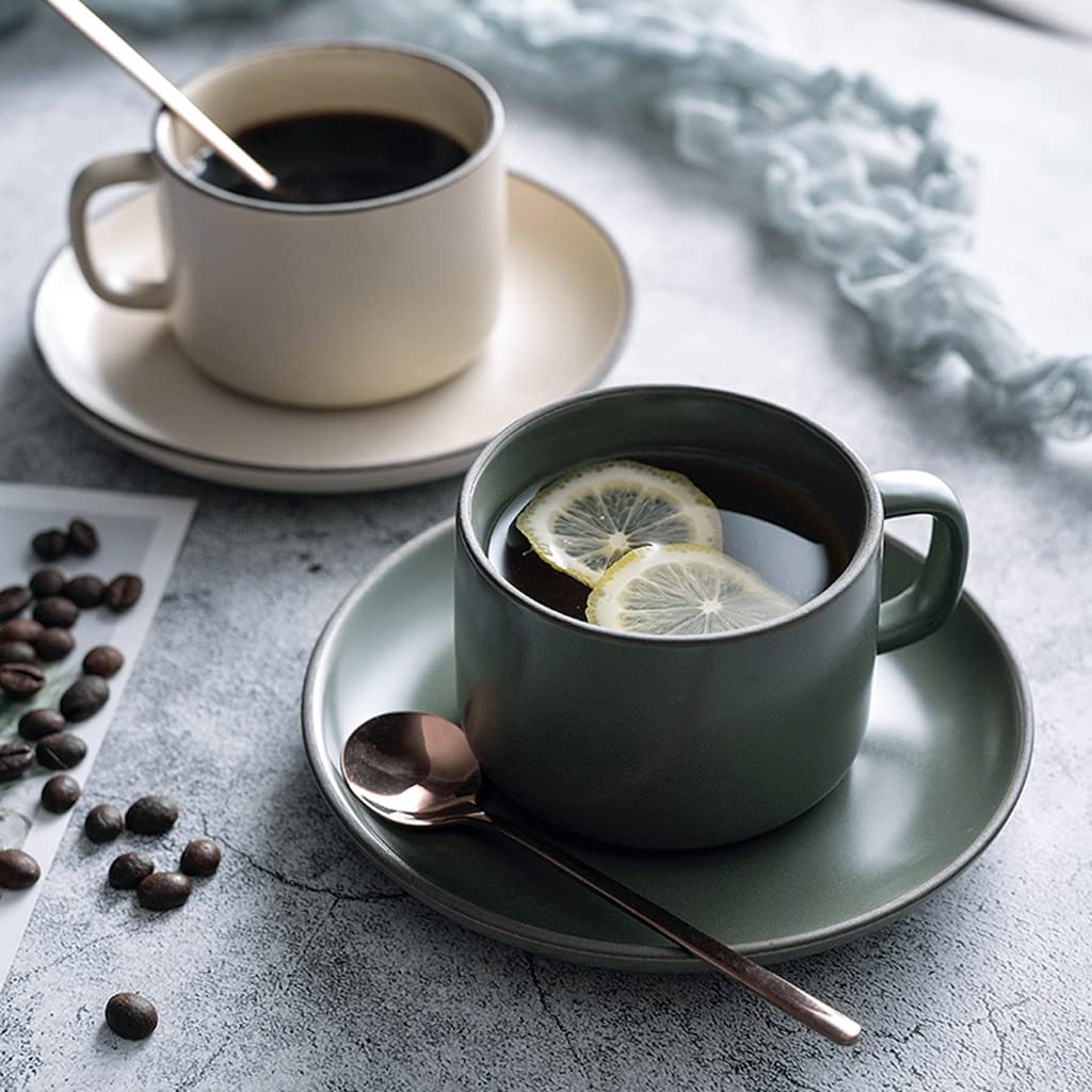 Premium Ceramic Coffee Mug and Saucer Set - 230ml (7.8 Oz) Tea Cup with Spoon - Durable Dishwasher Safe Cups for Home, Office or Gift - Classic One Color Design for Coffee, Tea & Hot Beverages