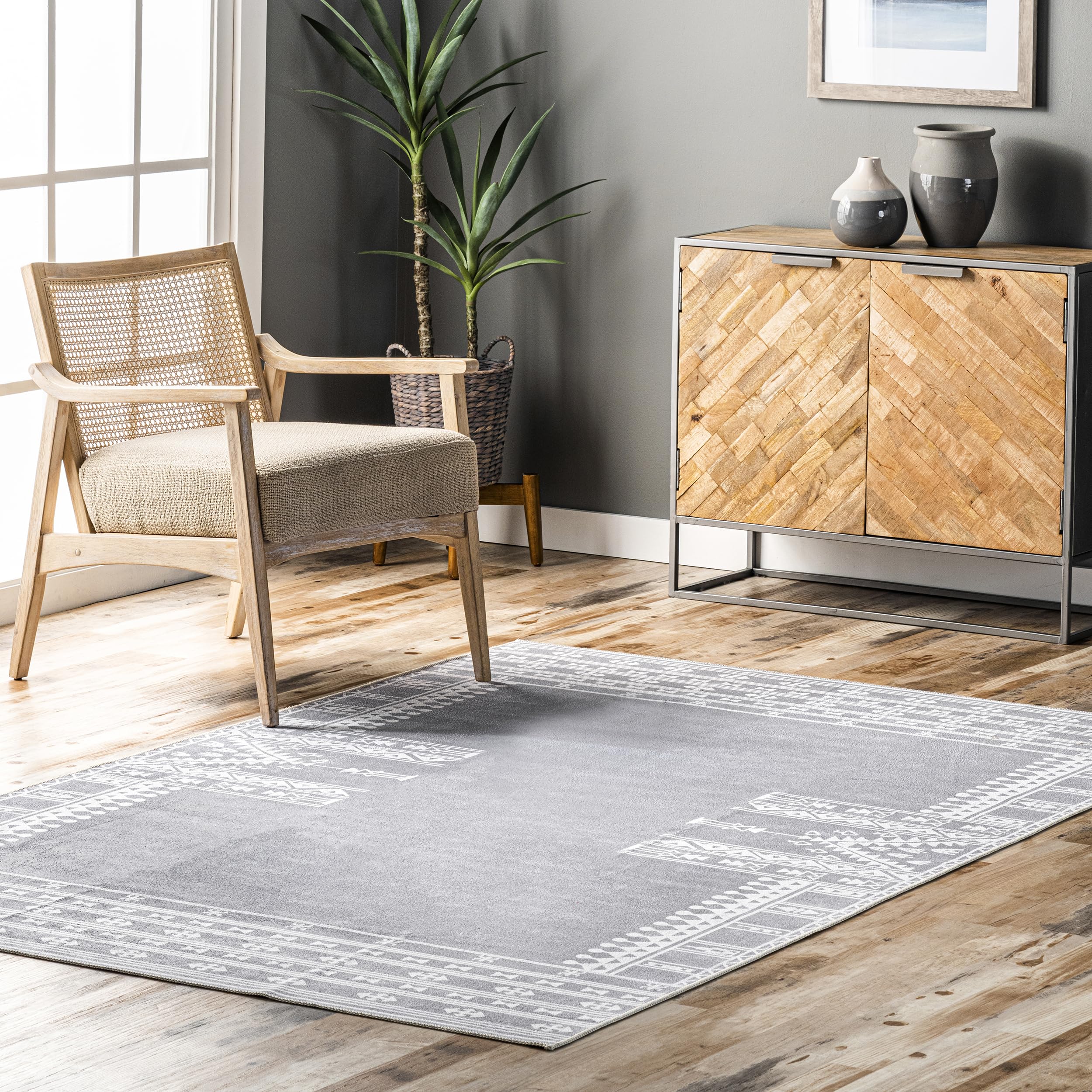 nuLOOM Joelle Machine Washable Tribal Geometric Border Ultra Thin Area Rug, 8' x 10', Light Grey - Perfect for Living Room, Bedroom, or Office Decor