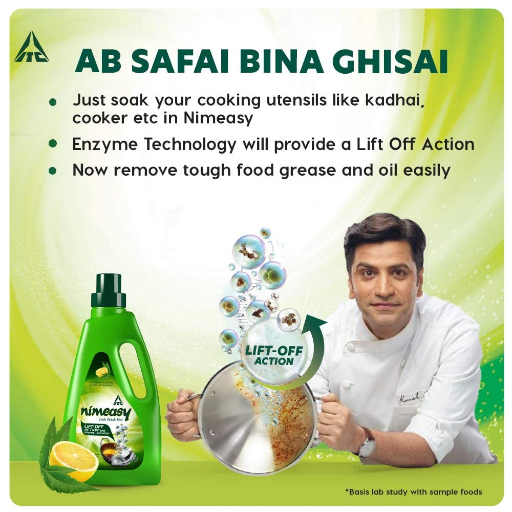 Nimeasy Dishwashing Liquid Gel - Powerful Kitchen Cleaner with Enzyme Technology | Removes Grease & Oil Stains | Neem Extracts & Lemon Citrus Scent | 1 Liter Bottle | Ideal for Pots, Pans, and Utensils Cleaning