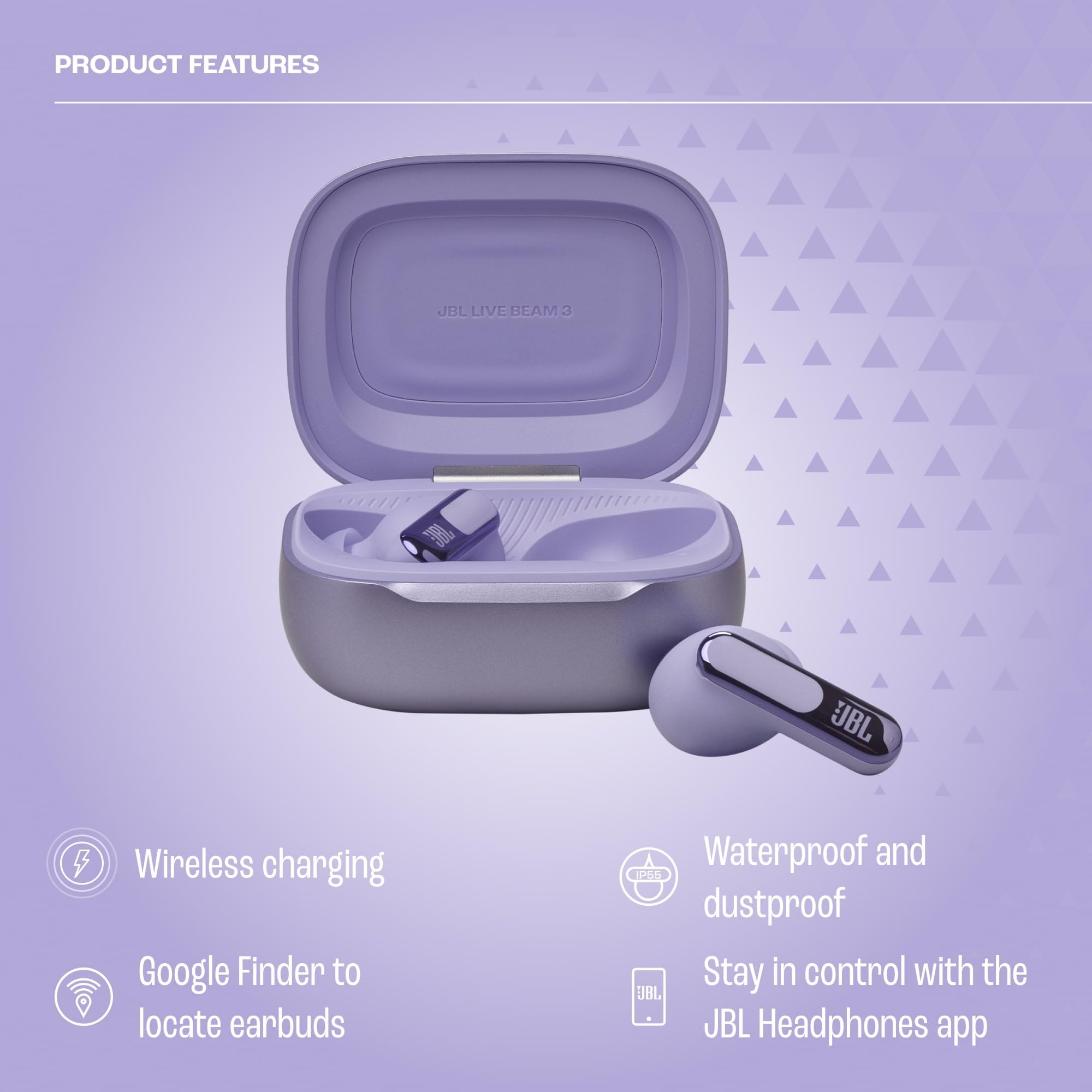 JBL Live Beam 3 True Wireless Bluetooth Earbuds - 48H Battery, Adaptive Noise Cancelling, Hi-Res Audio, IP55 Waterproof, Purple | Perfect for Workouts, Commuting & Travel