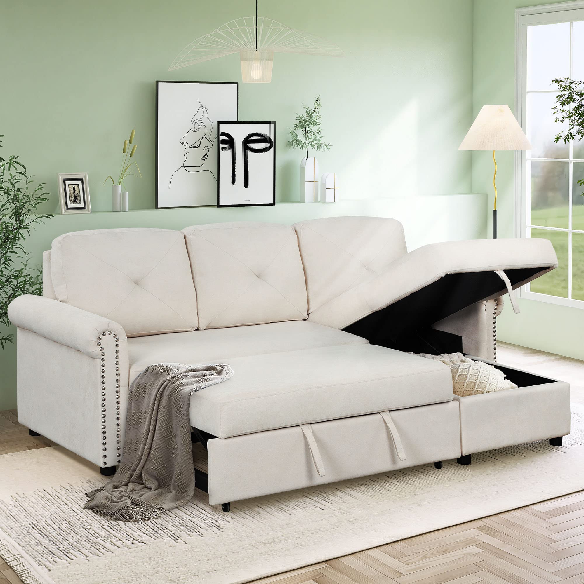 P PURLOVE Convertible Sectional Sofa Bed - 3-Seater L-Shaped Sleeper Couch with Storage Chaise & Pull-Out Mechanism | Modern Living Room Furniture Set (Beige) | Perfect for Small Spaces, Guest Rooms & Apartments