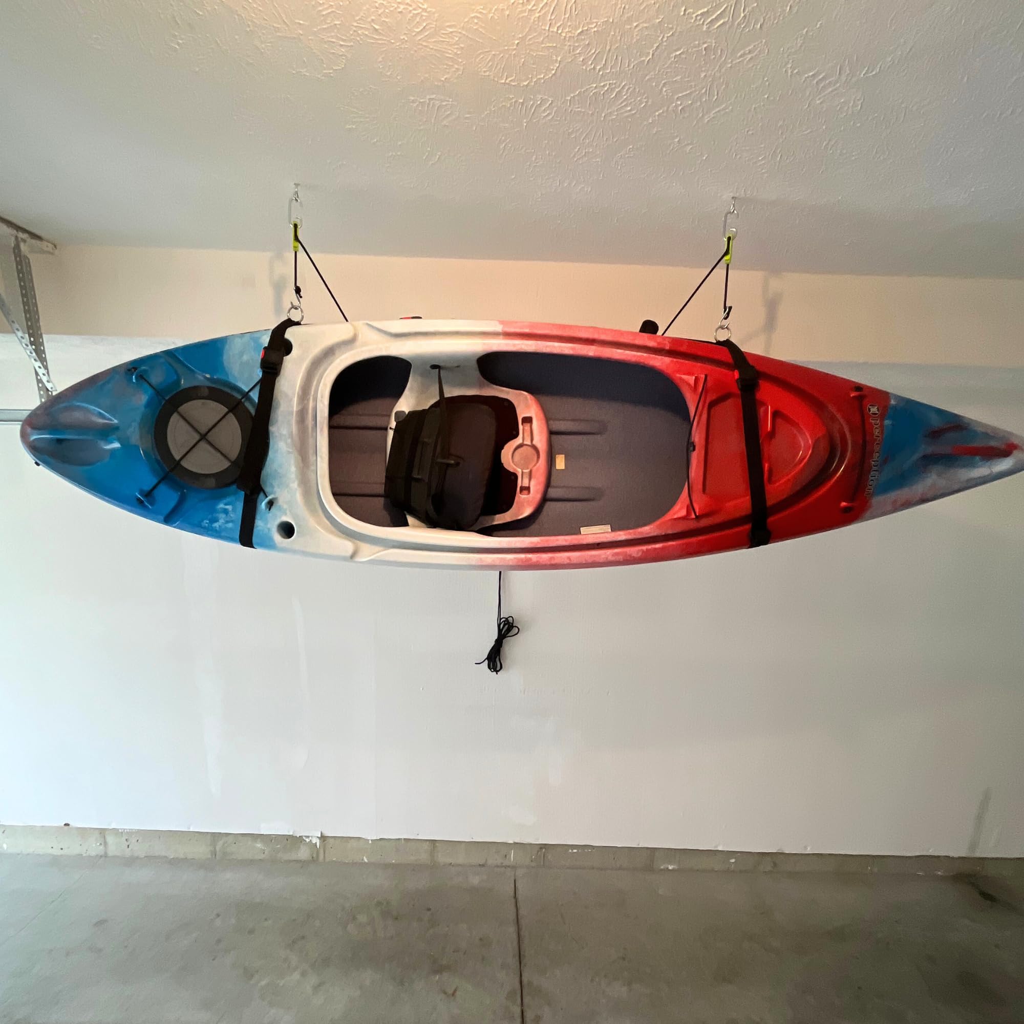 Tie Boss Kayak Hanger - Heavy Duty Ceiling Storage System for Kayaks, Canoes & Watercraft | Space-Saving Garage Organization | Easy Hoist Pulley System (Green) | Perfect for Garage, Shed or Basement Storage