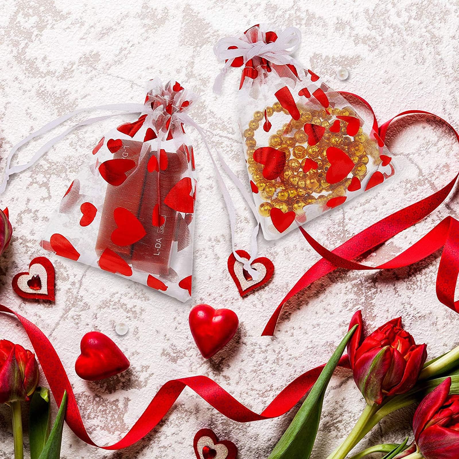 50pcs Valentine's Day Heart Drawstring Candy Bags - Red Gift Pouches with Wrapping Paper for Valentine's Party Favors, Wedding Favors & Birthday Party Supplies
