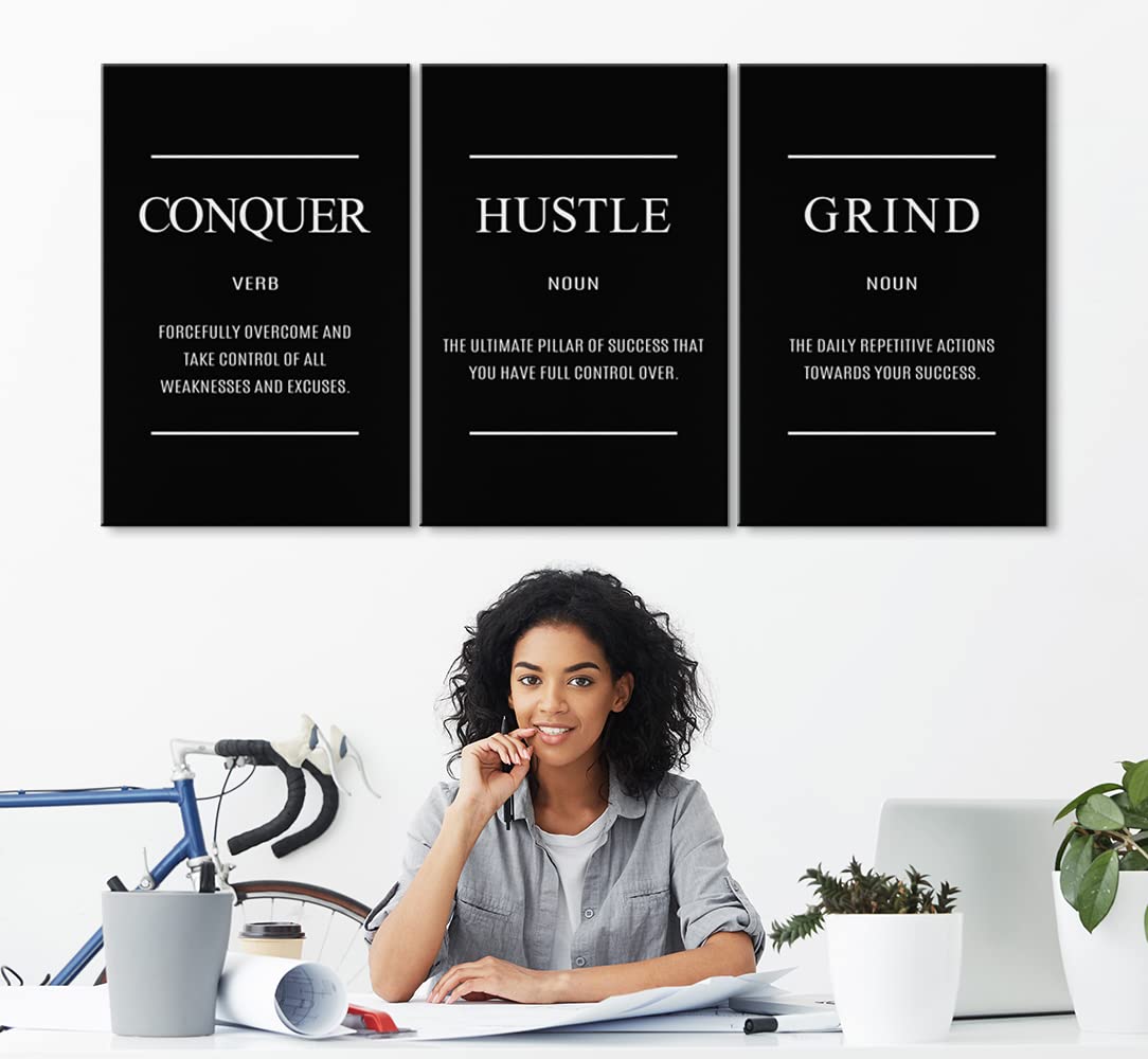 3 Piece Motivational Wall Art Set - Conquer Grind Hustle Canvas Prints for Office & Home Decor (20''Wx28''H) | Inspirational Quotes, Affirmation Posters | Perfect for Living Room, Bedroom or Workspace Motivation