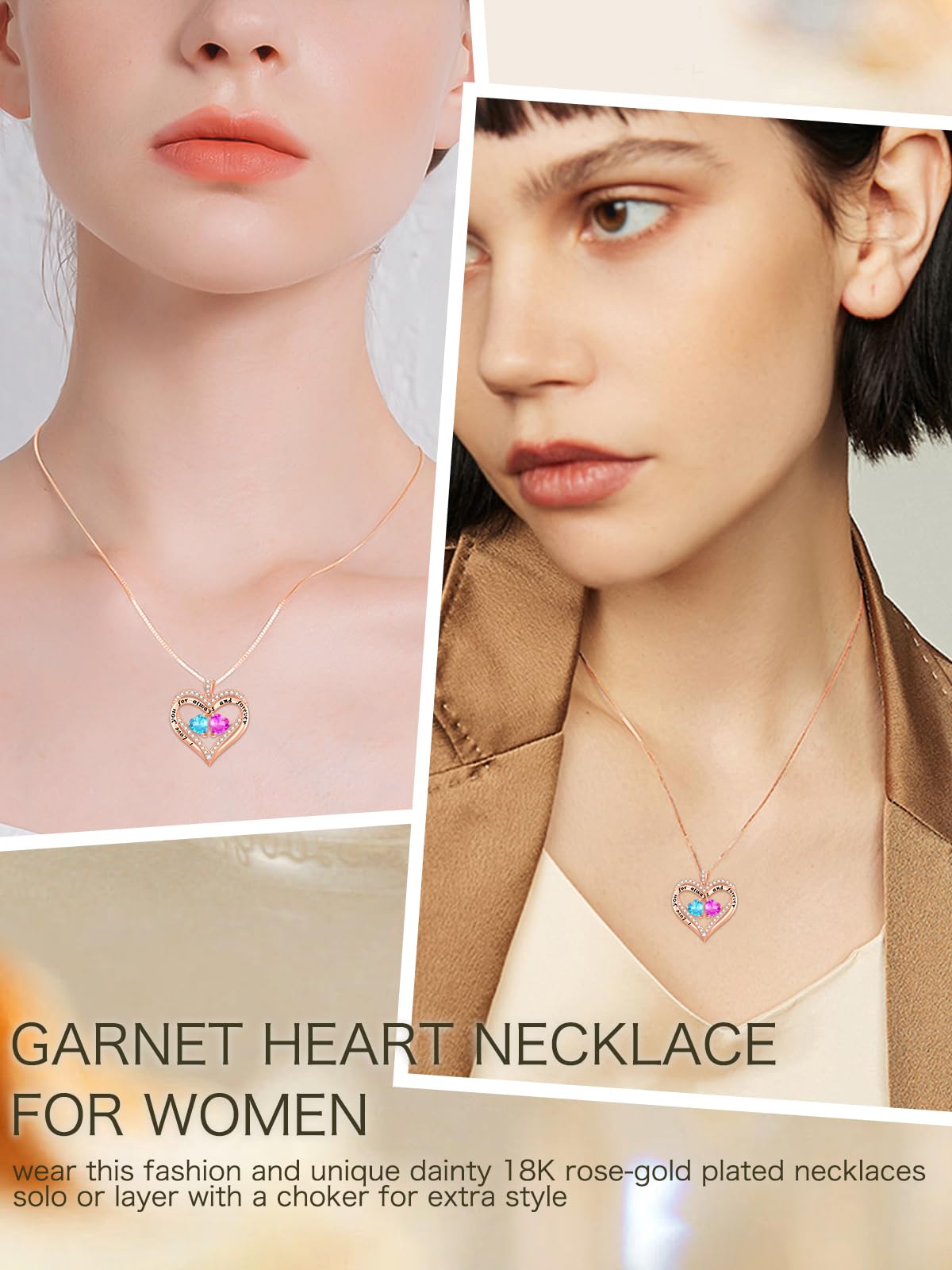 Rose Gold Heart Double Birthstone Necklace - Personalized Birthstone Jewelry for Women, Wife, Girlfriend, Mom & Grandma - 12 Gemstone Options - Meaningful Birthday, Mother's Day & Anniversary Gift - Perfect for Valentine's Day, Weddings & Special Occasions