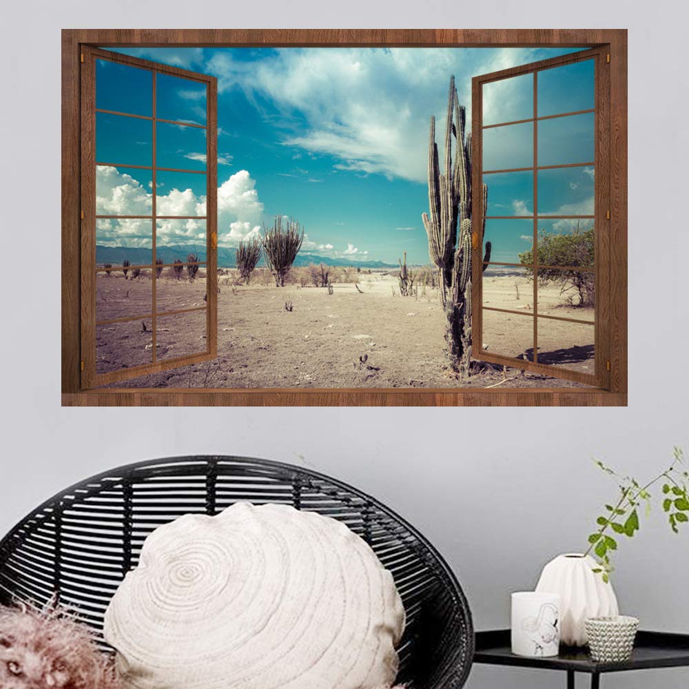 DNVEN 28x20 Inches 3D Fake Wood Window Decal - Cactus Desert Oasis HD Faux Window Frame Vinyl Wall Sticker for Bedroom, Living Room & Playroom Decor | Perfect for Home, Office & Nursery Wall Art