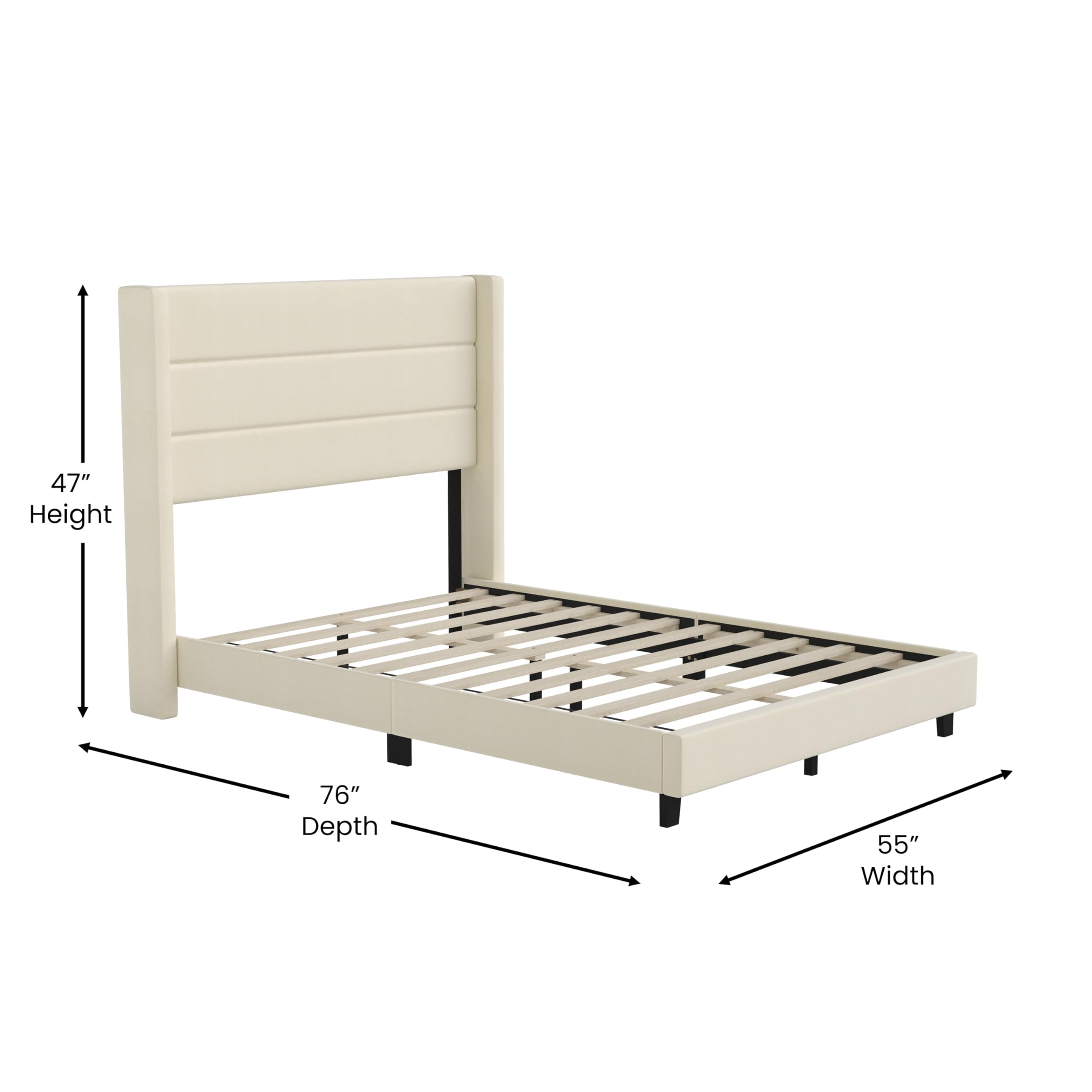 Quinn Upholstered Platform Bed Frame - Full Size with Beige Faux Linen Wingback Headboard & Slatted Mattress Support - No Box Spring Needed - Perfect for Modern Bedrooms & Guest Rooms