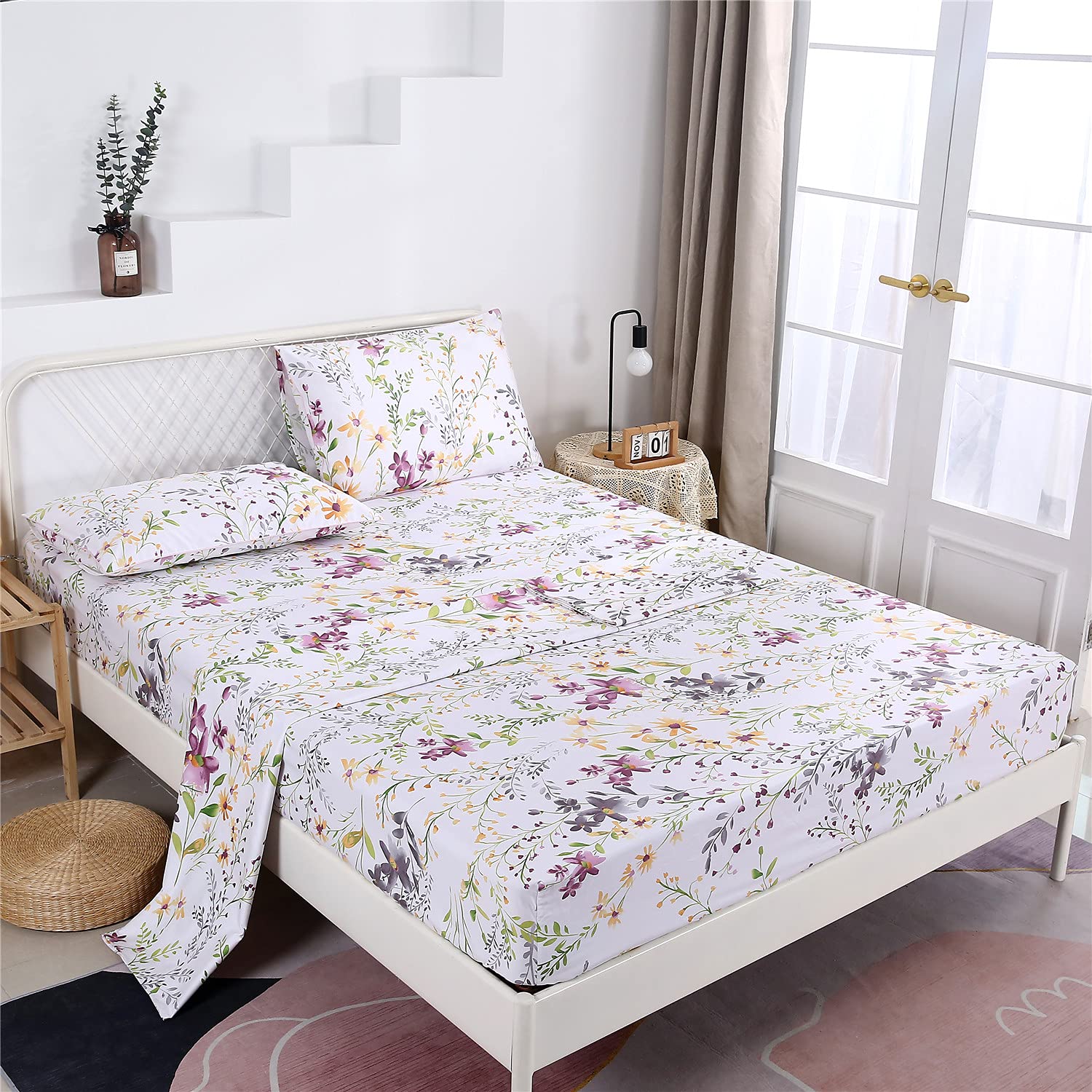 RYNGHIPY 4-Piece Farmhouse Style Floral Print Bed Sheet Set - 100% Egyptian Cotton Luxury Sheets - Full Size Bedding - Soft & Breathable for Home, Guest Room, or Vacation Rental
