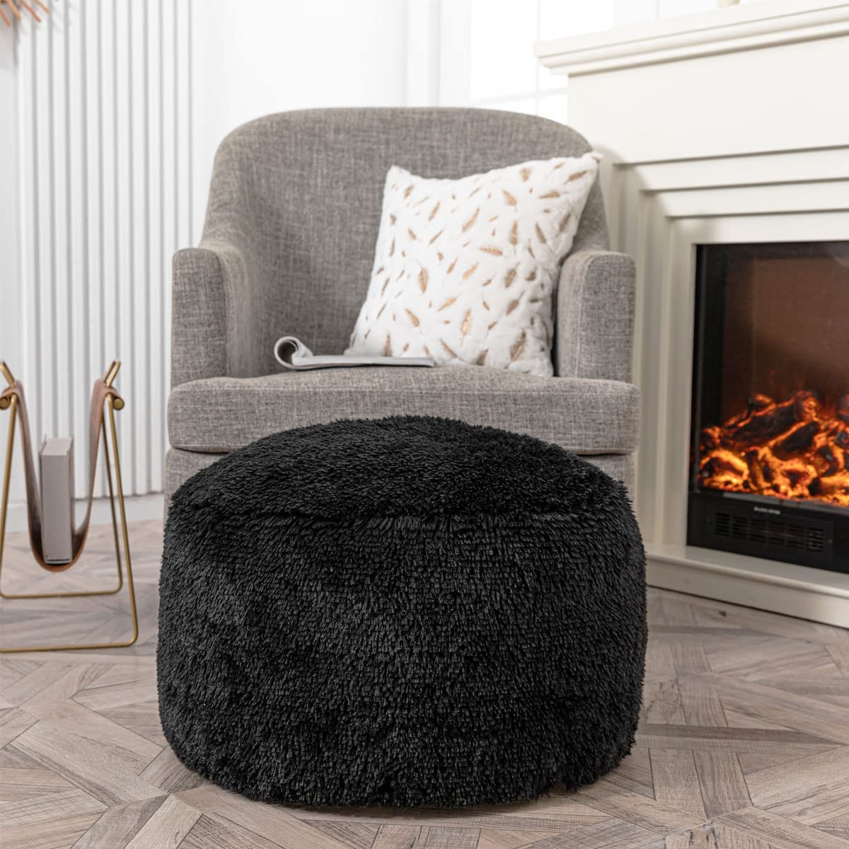 Asuprui 20x20x12 Inches Round Floor Pouf Ottoman - Foldable Foot Rest & Bean Bag Chair, No Filler Included, Storage Ottoman for Living Room & Bedroom (Black) - Perfect for Lounging, Reading Nook, or Extra Seating