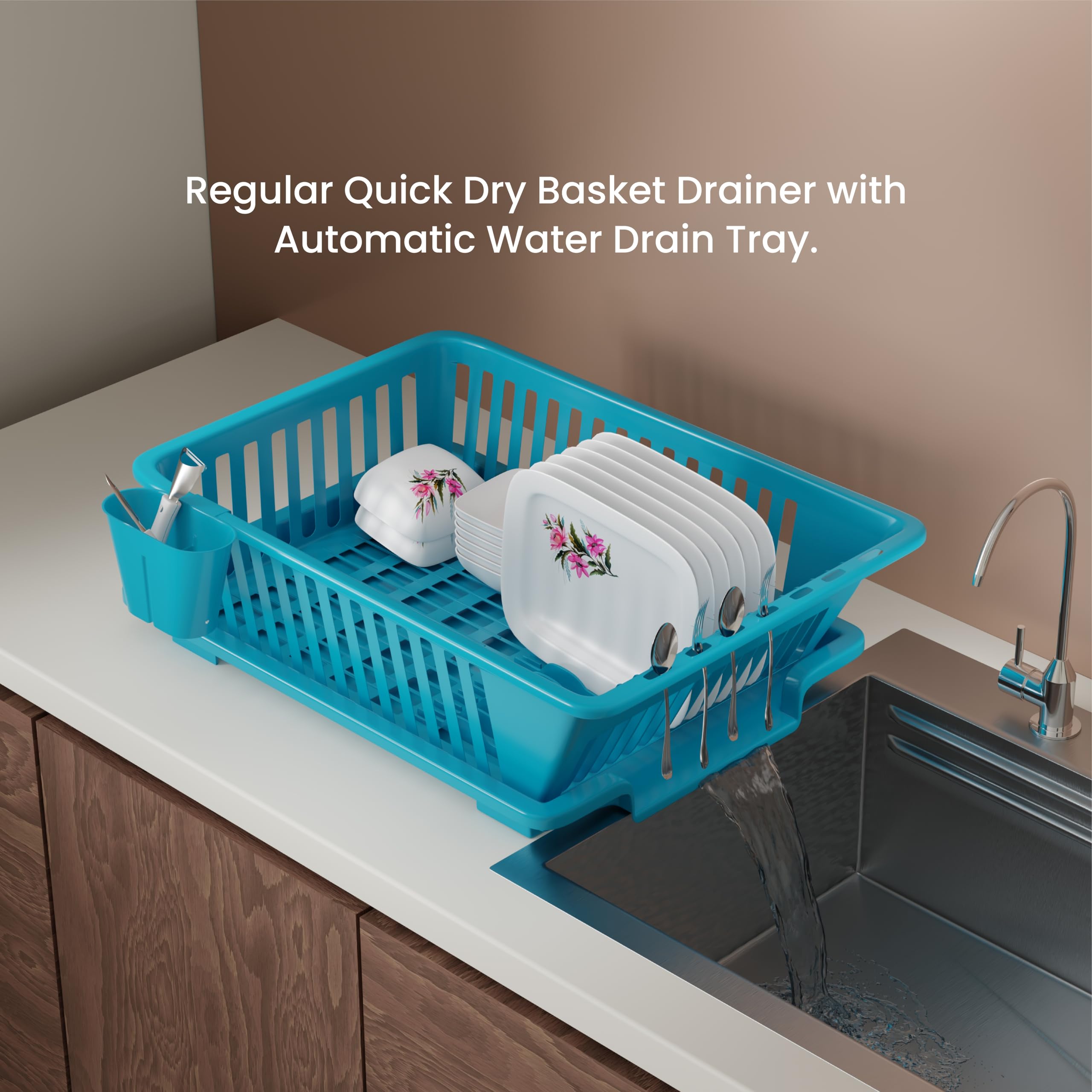 Floraware 3-in-1 Large Glossy Plastic Utensil Basket with Spoon Holder & Removable Dish Drainer - Durable, Lightweight, Unbreakable Modular Kitchen Organizer (Blue) - Perfect for Dish Drying, Utensil Storage & Countertop Organization