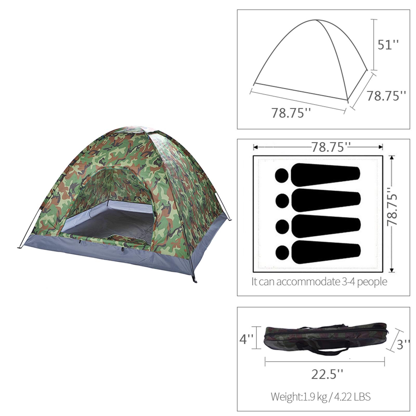 3-4 Person Waterproof Camo Tent for Camping, Hiking & Beach