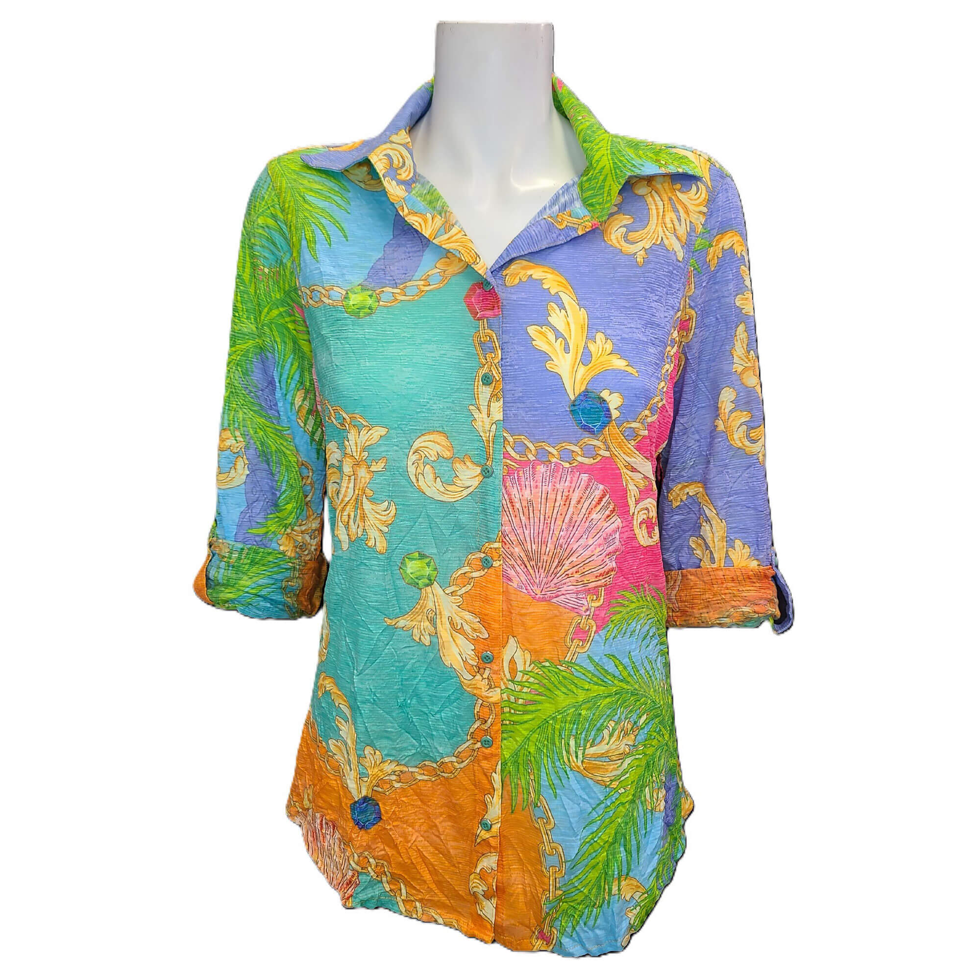David Cline Kefalonia Roll Up Sleeve Top for Women - Lightweight Summer Beach Shirt, Casual Boho Blouse with Button Detail - Perfect for Vacations, Travel & Seaside Outings