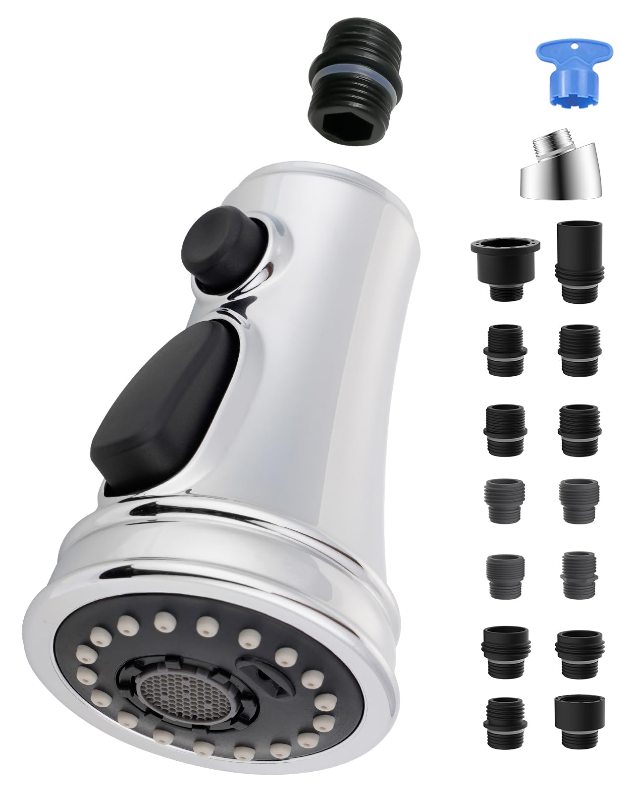 Hygie 3-Function Pull Down Kitchen Faucet Spray Head Replacement with 15 Adapter Kit - Chrome Finish Pull Out Sink Sprayer Nozzle for Modern Kitchen Faucets | Perfect for Washing Dishes, Cleaning Sinks & Food Prep