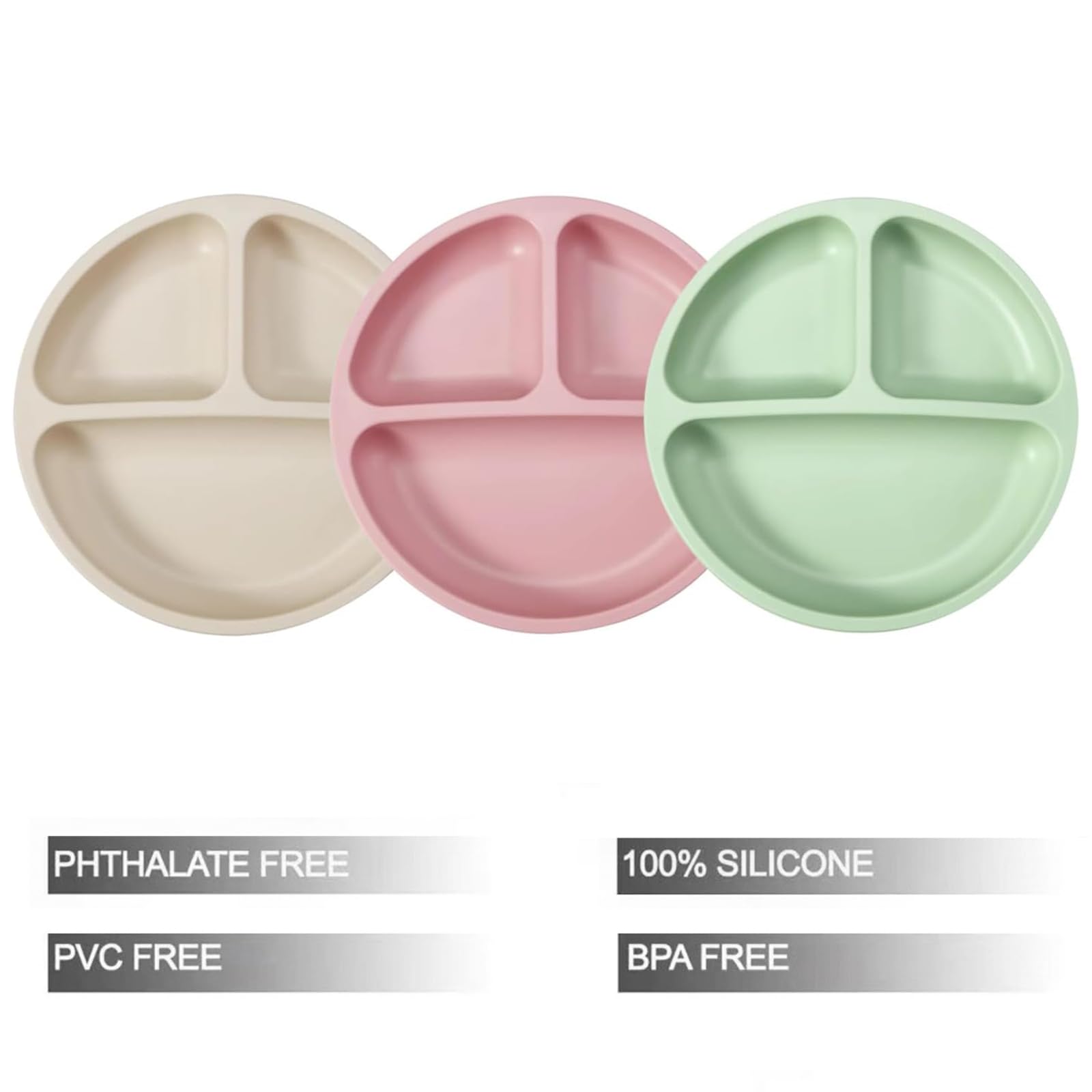PandaEar Suction Plates for Toddlers - 3 Pack Divided Baby Plates with Strong Suction Base, 100% Food Grade Silicone Non-Slip Plates for Baby Led Weaning | Microwave & Dishwasher Safe | Perfect for High Chairs, Travel & Mess-Free Mealtime