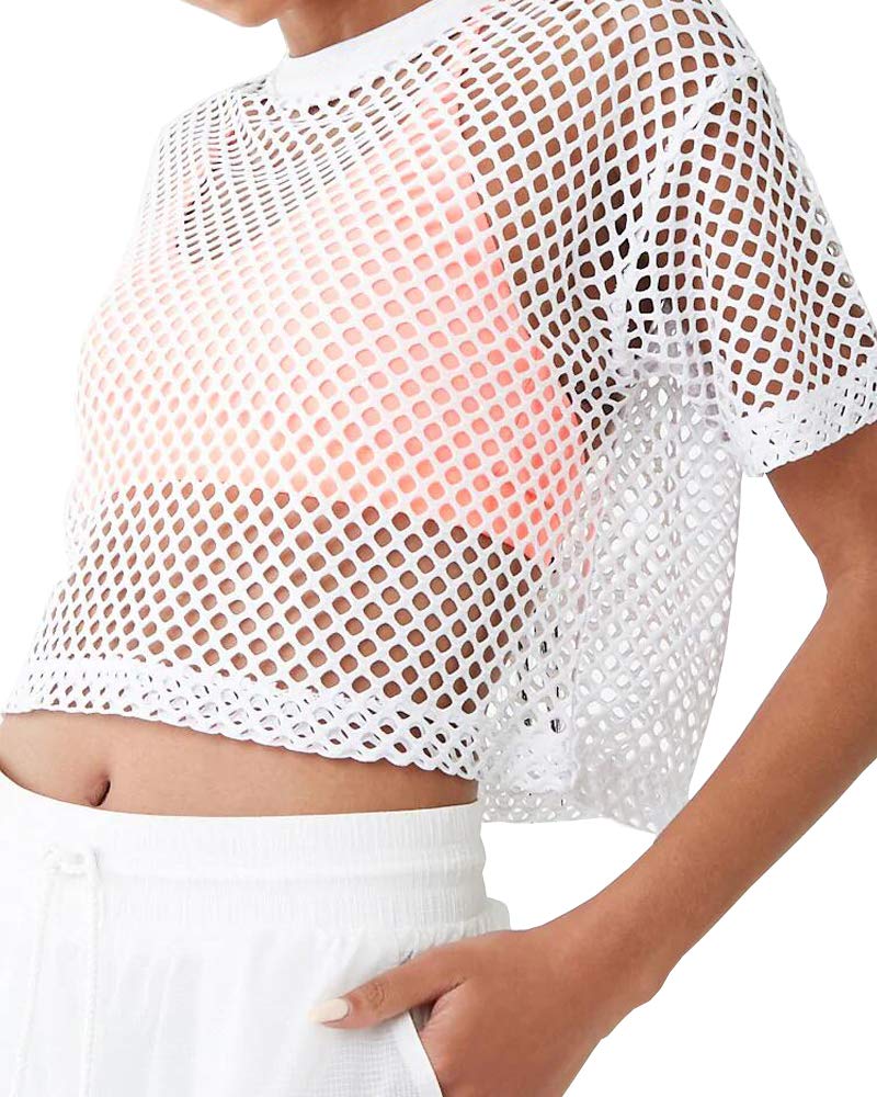 CLOZOZ Women's See-Through Mesh Fishnet Crop Top T-Shirt - Sexy Summer Beach Cover Up, Festival Outfit & Nightclub Wear