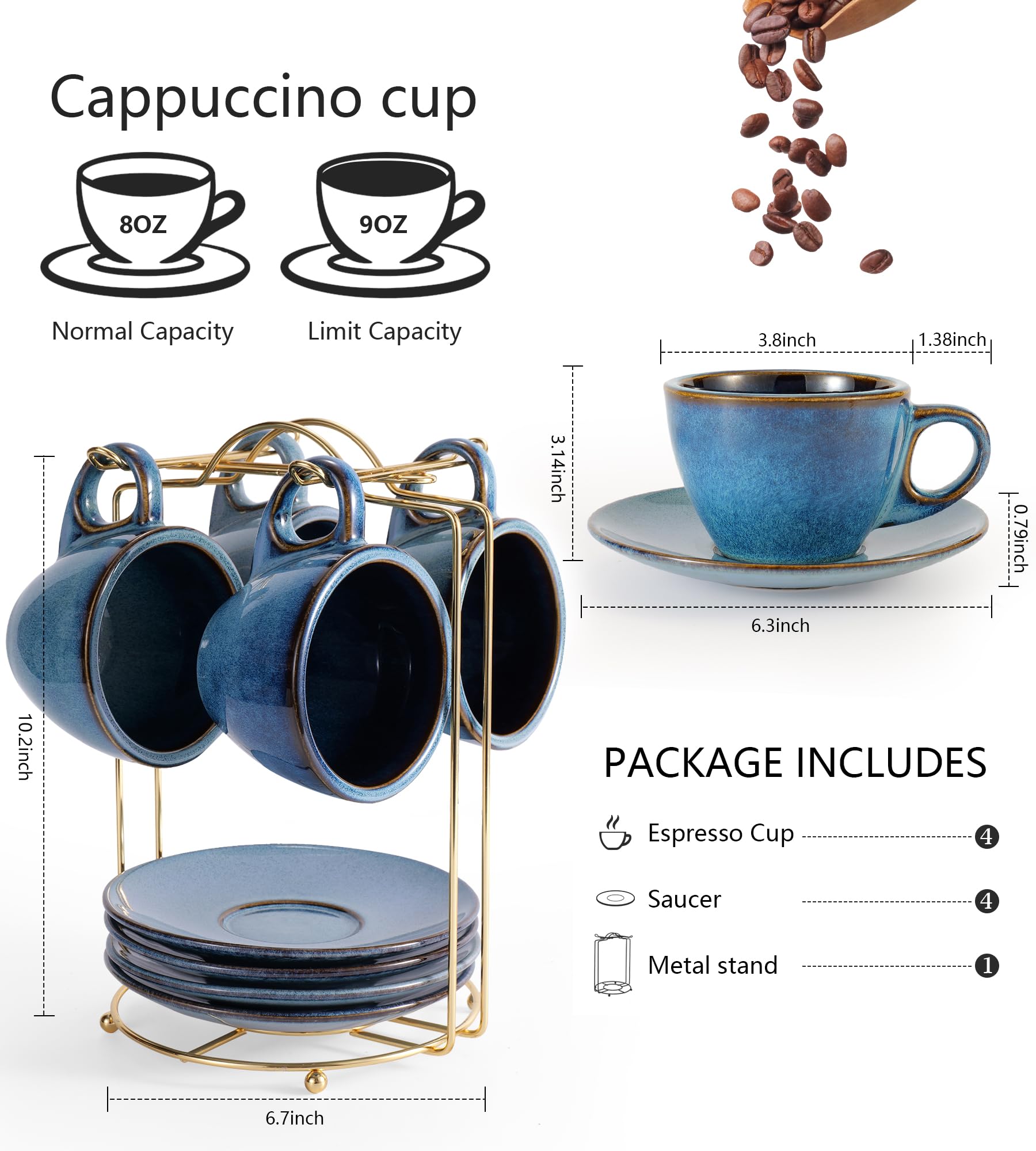 8 Oz Cappuccino Cups Set of 4 - Thick-Walled Insulated Ceramic Coffee Mugs with Saucers & Stand - Porcelain Tea, Latte & Espresso Cups - Perfect for Home Kitchen, Cafe or Office Use - Elegant Blue Design