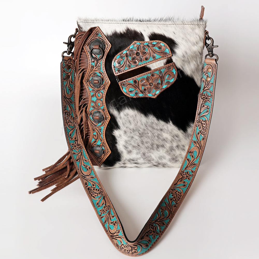 American Darling ADBG469BRW Genuine Leather Women's Western Handbag - Hand-Tooled Hair-On Cowhide Purse for Cowgirl Fashion & Rodeo Events