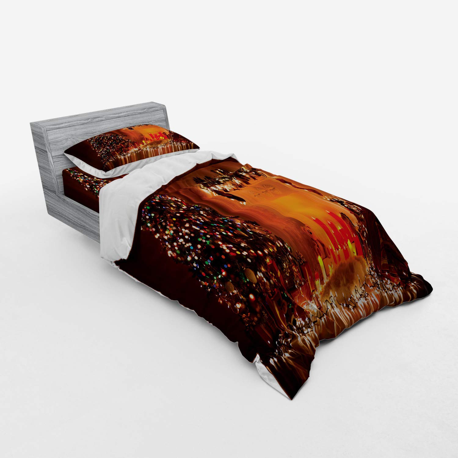 Ambesonne Christmas Bedding Set - 3 Piece Duvet Cover with Sham & Fitted Sheet, Twin XL Size, Orange - Romantic Holiday Decor with Candle & Gift Print - Perfect for Festive Bedroom Decorations & Cozy Winter Nights