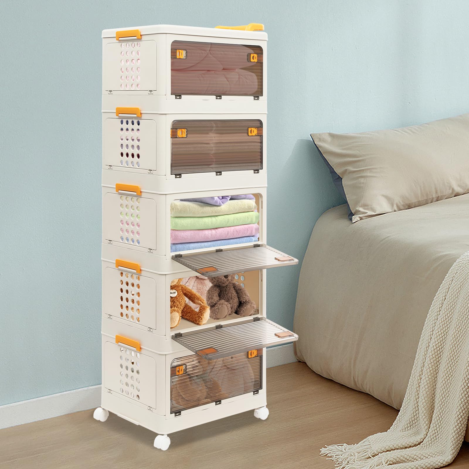 5-Tier Rolling Foldable Storage Organizer with Wheels & Side Basket - Collapsible Plastic Storage Cabinet for Bedroom, Living Room, Kitchen & Bathroom - Space-Saving Closet Organizer for Home, Office & Dorm Use