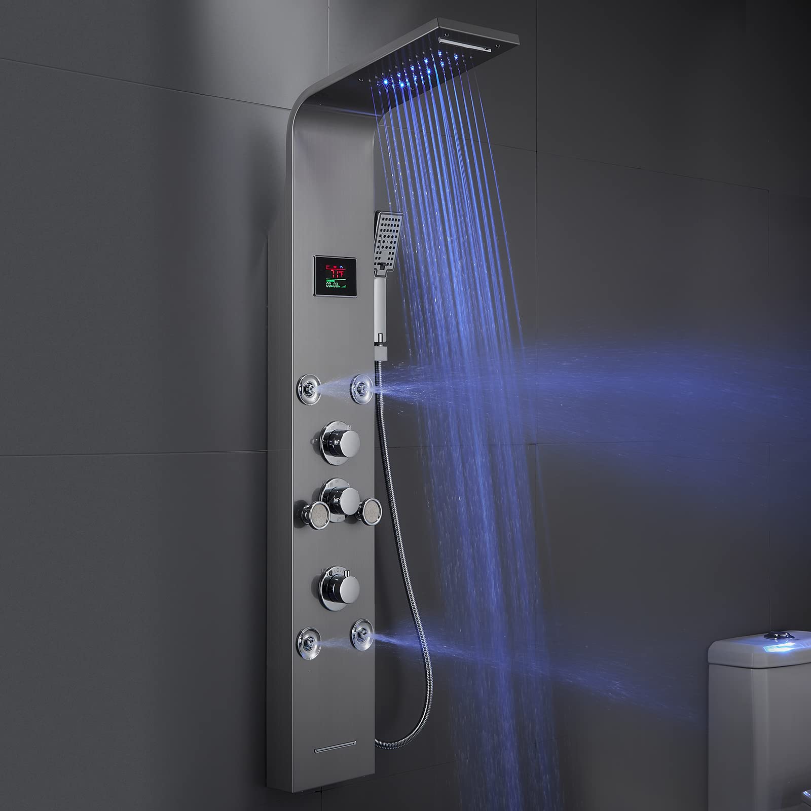 **MENATT LED Lights Shower Panel Tower System - SUS304 Stainless Steel Bathroom Shower Column with Rainfall & Waterfall Shower Head, Massage Jets, Tub Spout & Handheld Shower (Brushed) - Perfect for Modern Spa-Like Bathroom Upgrades**