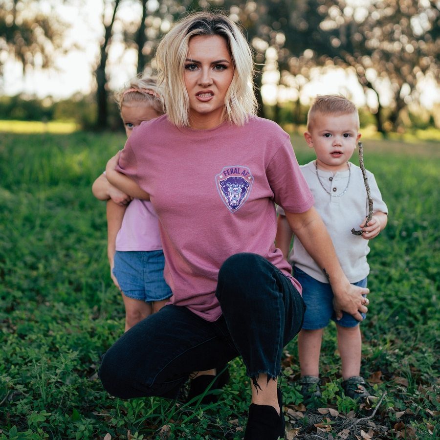 Women's Feral AF Mom Boyfriend Fit T-Shirt - Heather Mauve | Soft Relaxed Fit Tee for Casual Wear, Lounge & Everyday Outfits