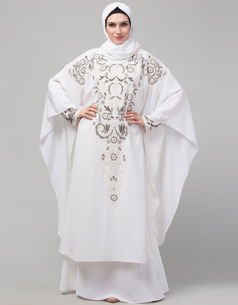 Elegant Arabic White Matt Nida Golden Embroidery Abaya Dress for Women - Perfect for Prayer, Special Occasions & Modest Fashion