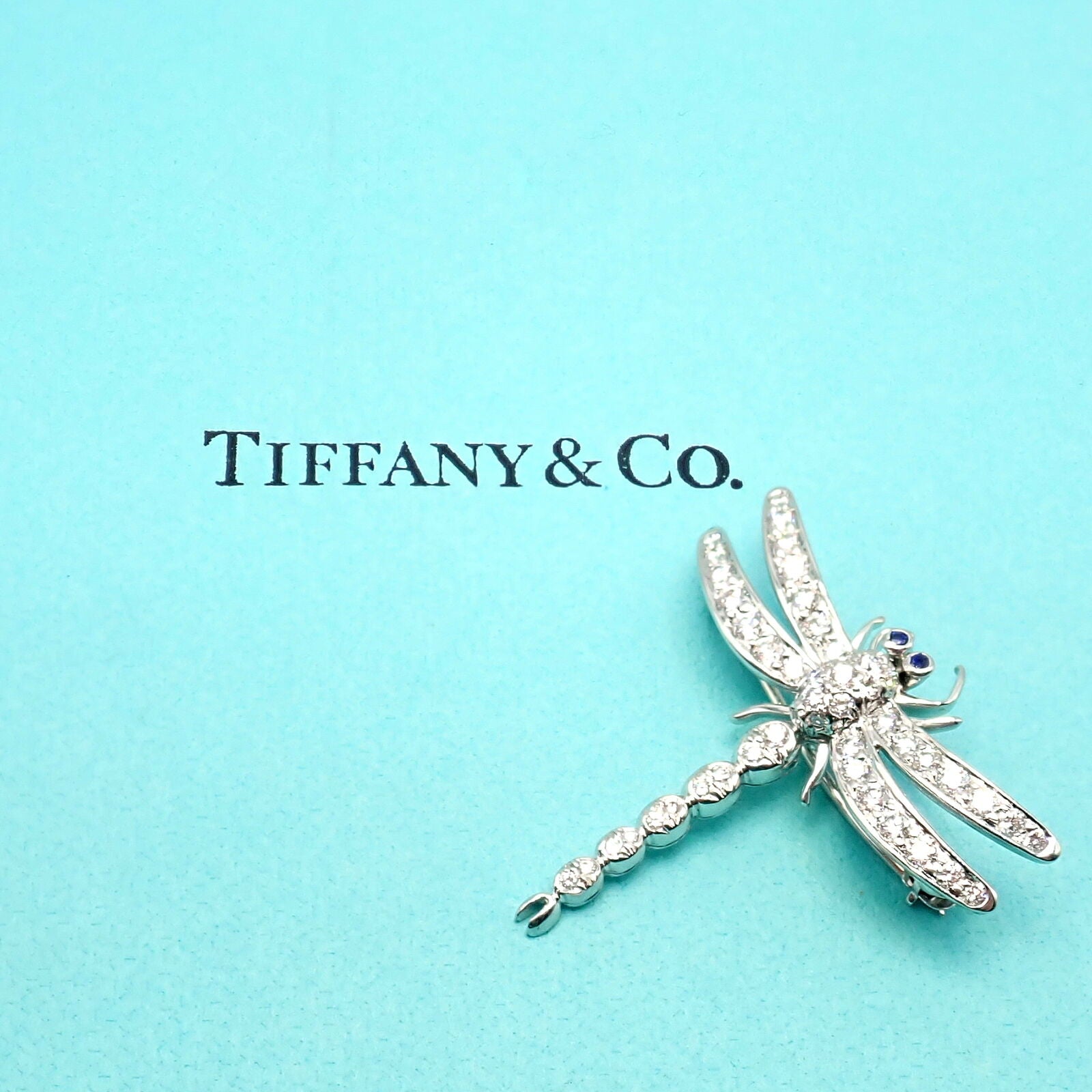 Authentic Tiffany & Co. Platinum Dragonfly Diamond Sapphire Brooch Pin - Elegant Jewelry for Women, Perfect Gift for Anniversaries & Special Occasions
