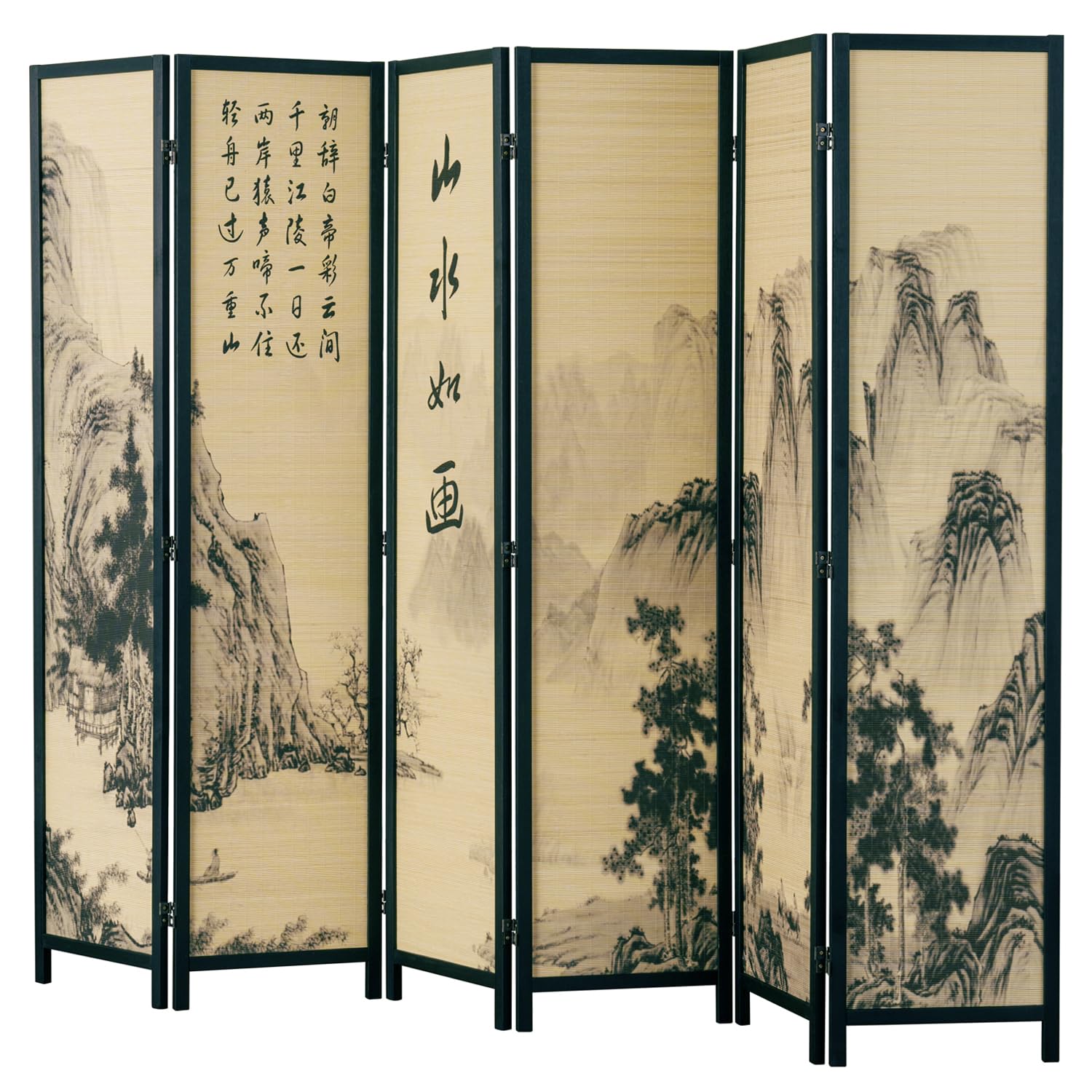 MyGift 6-Panel Bamboo Room Divider with Chinese Calligraphy & Floral Design - Freestanding Folding Screen for Home Office, Bedroom Partition & Asian Decor - Black Wood Frame